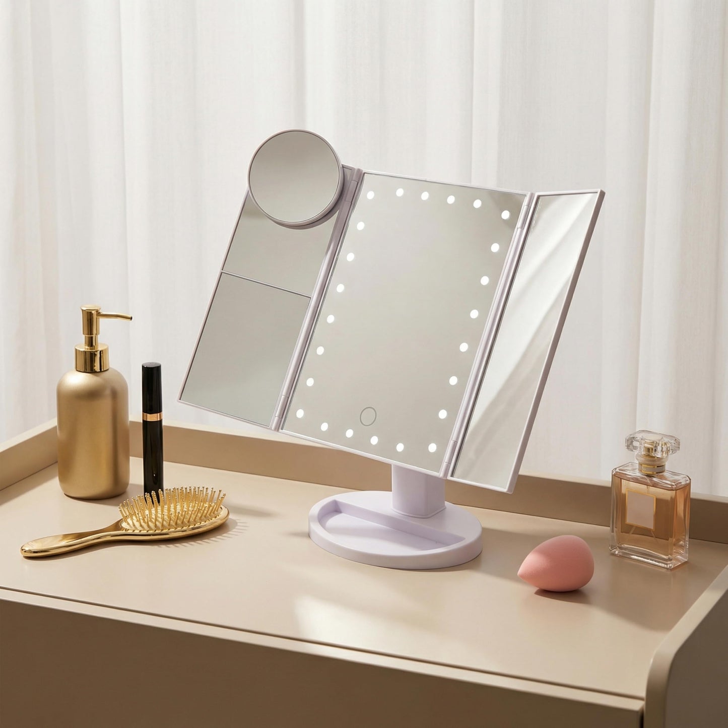 Ms. Pen- Tri-Fold Makeup Mirror Vanity with Lights, 9" x 13.6"