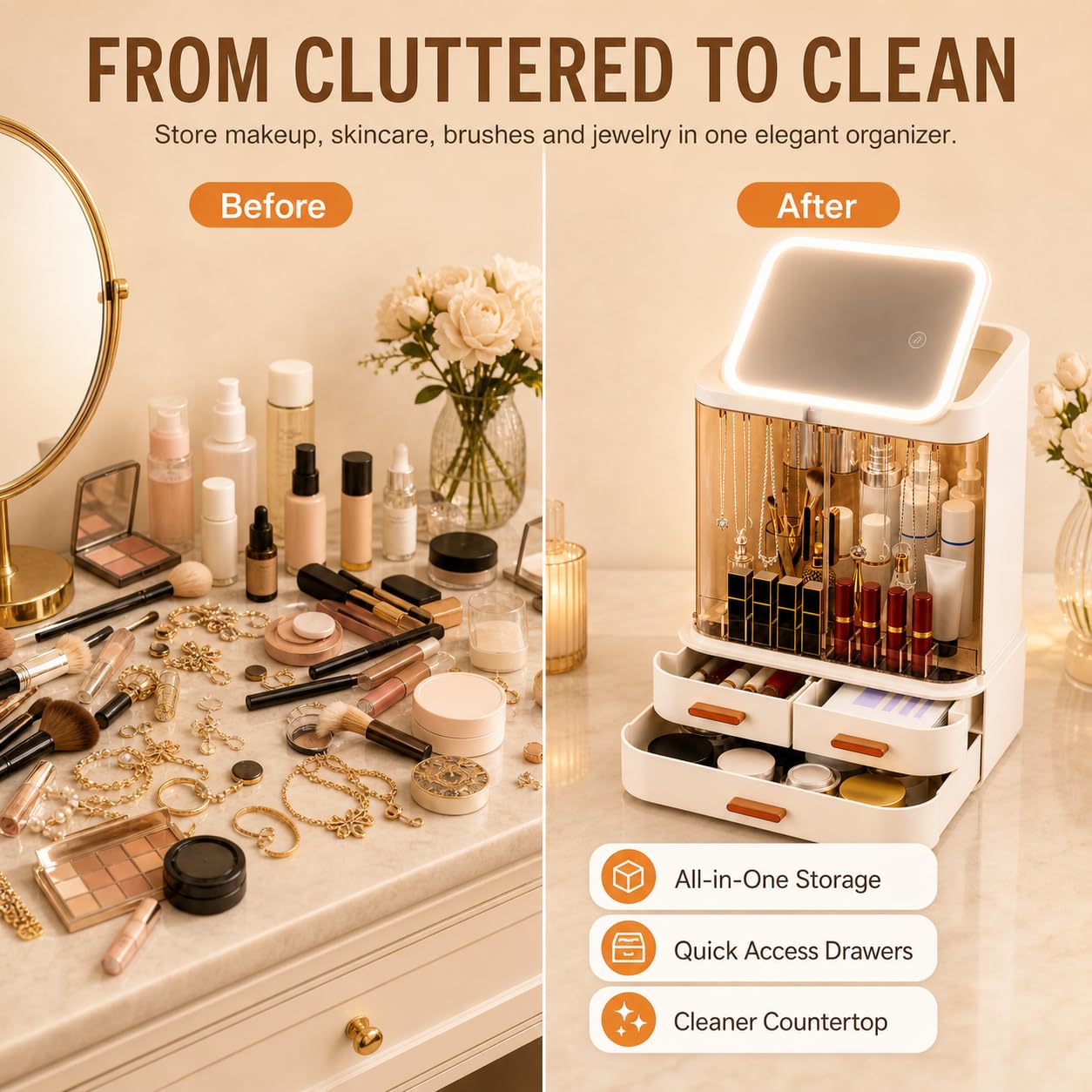 Mwykzrt Makeup Organizer with LED Mirror, Cosmetic Display Cases, Off White