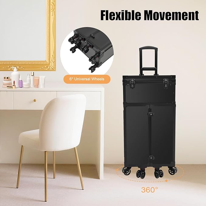 YIYIBYUS 5 in 1 Rolling Makeup Cart, Professional Cosmetic Organizer Travel Case, Extra Large Trolley Nail Artist Salon Storage Traveling Cart, with 360° Swivel Wheels