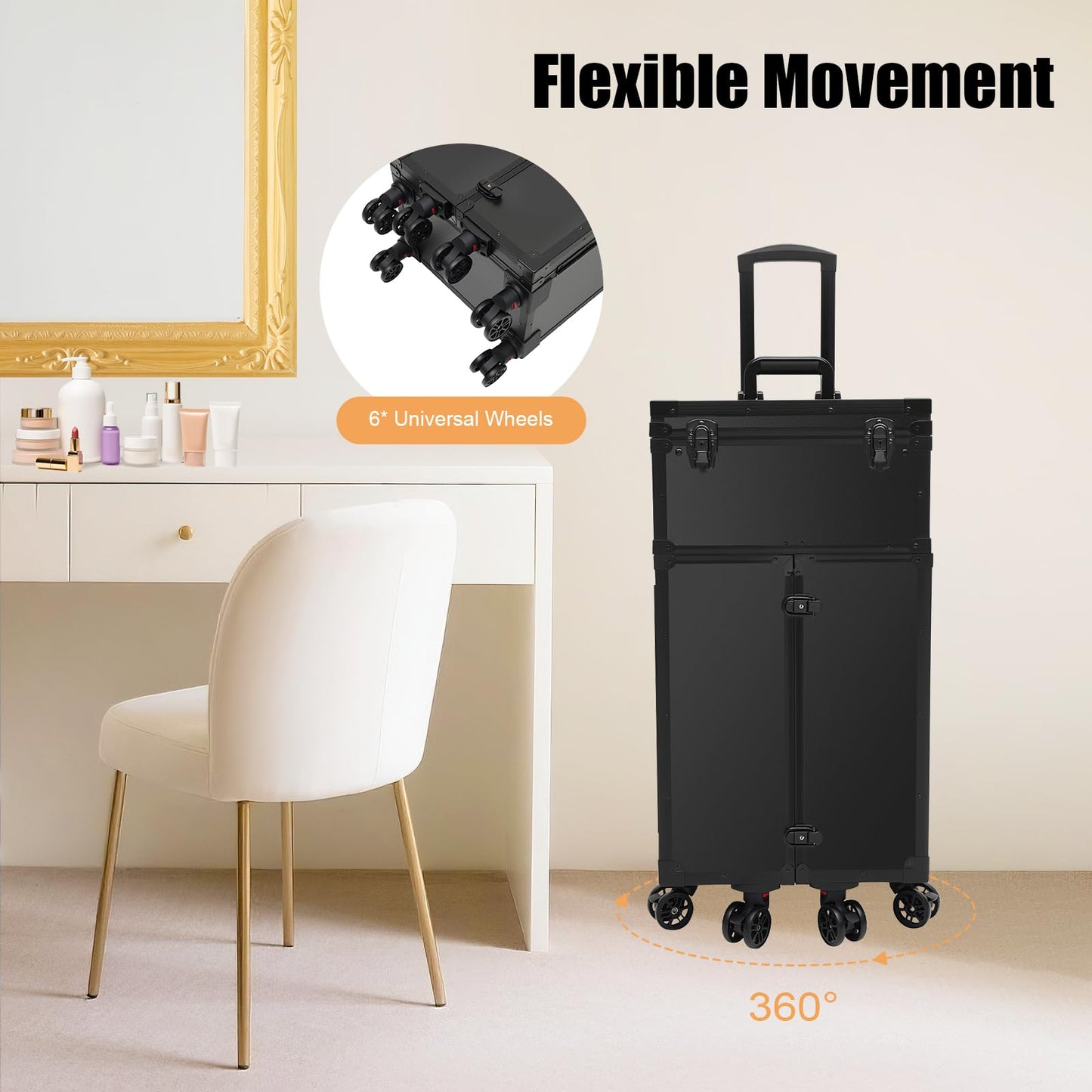 Professional Makeup Artist Travel Case, Cosmetic Train Rolling Makeup Case Case Hairstylist Trolley Travel Case Portable Make Up Station with 6 Wheels 4 Drawers for Makeup Artists Salon Travel