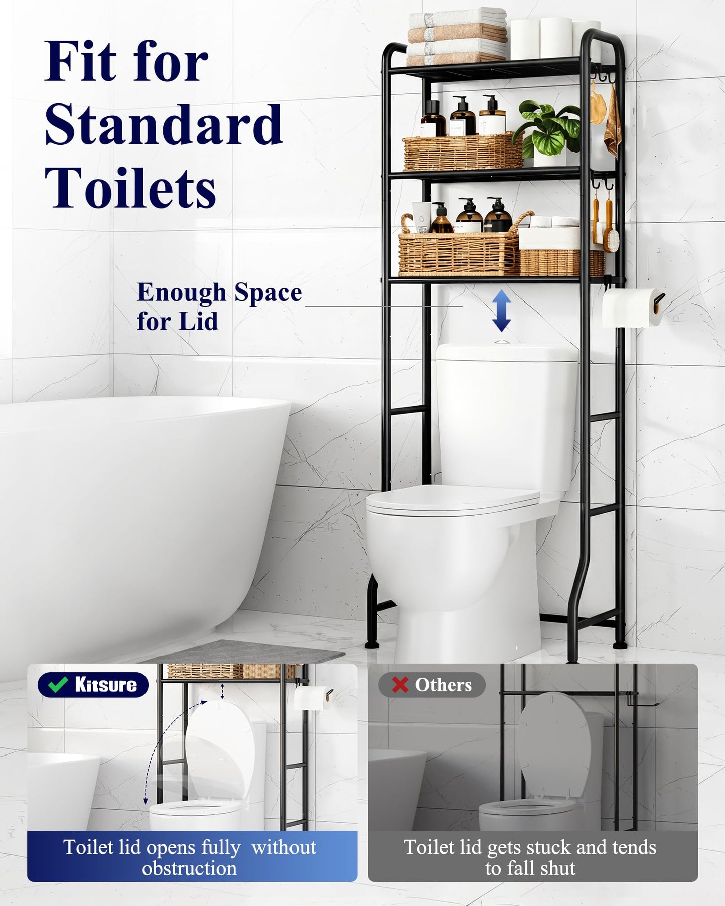 Kitsure Over Toilet Storage Rack - Metal Over Toilet Bathroom Organizer Shelf, Over the Toilet Storage Cabinet with Paper Holder and Hooks, Bathroom Cabinet for Laundry, Black, 3 Tiers (63.2" H)