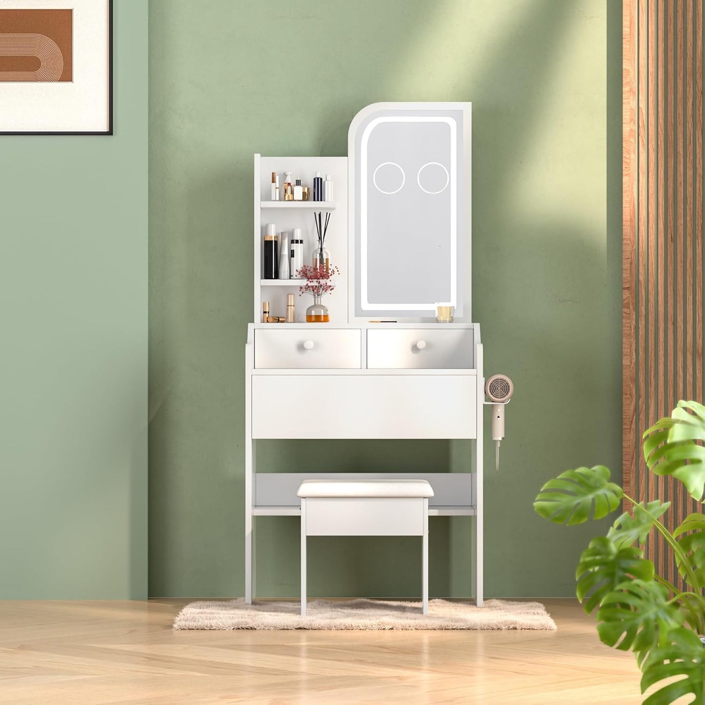 HOMEMORE Small Vanity Desk with Mirror and Lights, Makeup Vanity Desk with 3 Drawers & 3 Shelves, 2X & 5X Magnifying and Power Outlet, Dressing Table for Bedroom,White