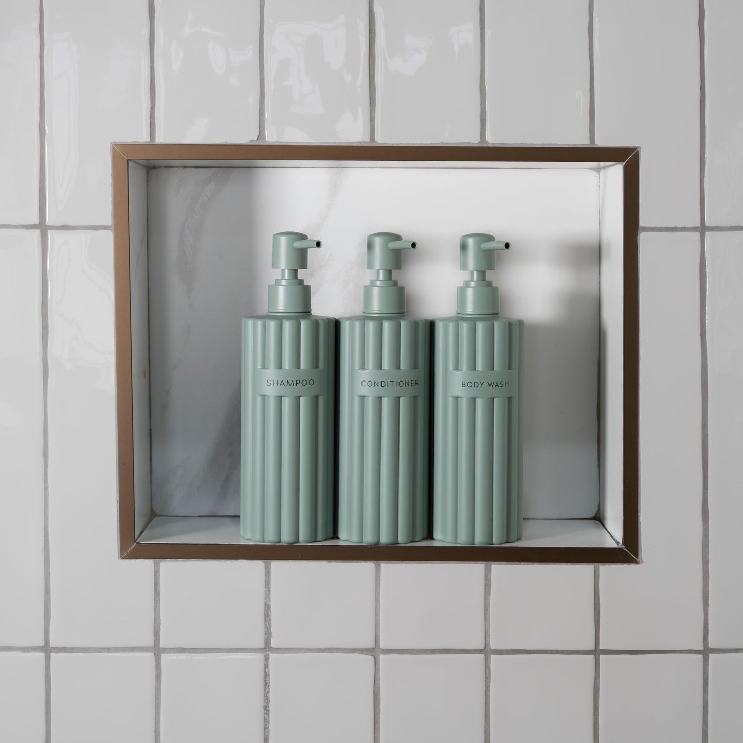 Stylish Shampoo and Conditioner Dispenser Set of 3 - Modern 19oz Shower Soap Bottles with Pump and Labels - Easy to Refill Body Wash Dispensers for an Instant Bathroom Decor Upgrade