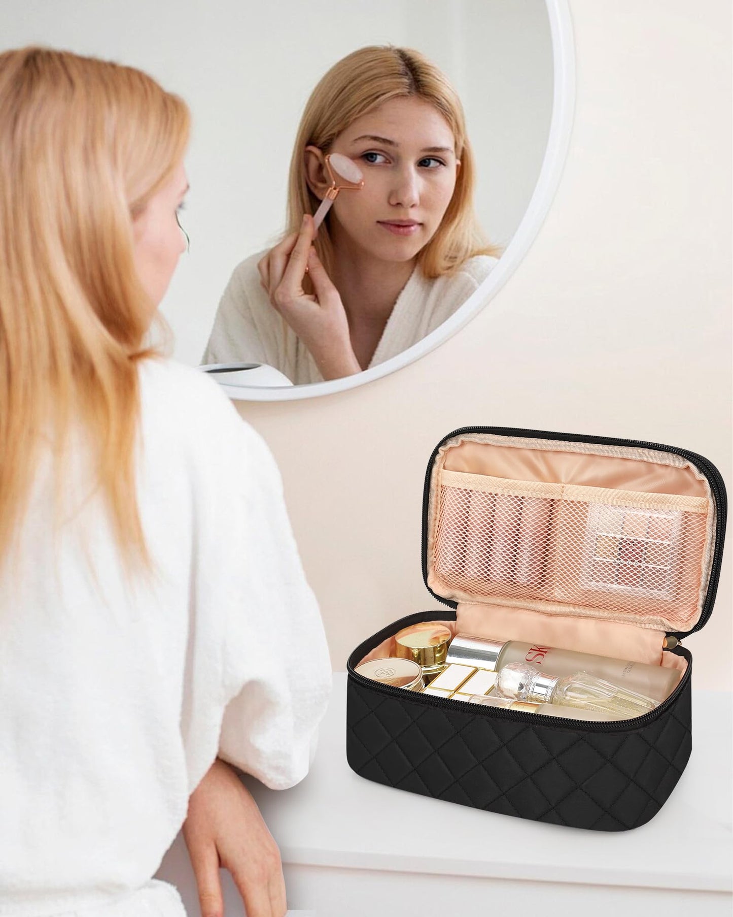 Relavel Small Makeup Bag, Travel Makeup Bag, Cosmetic Bag for Women, 2 Layer Makeup Organizer, Black Make Up Pouch Waterproof, Makeup Brush Holder, Durable Zipper (Black)