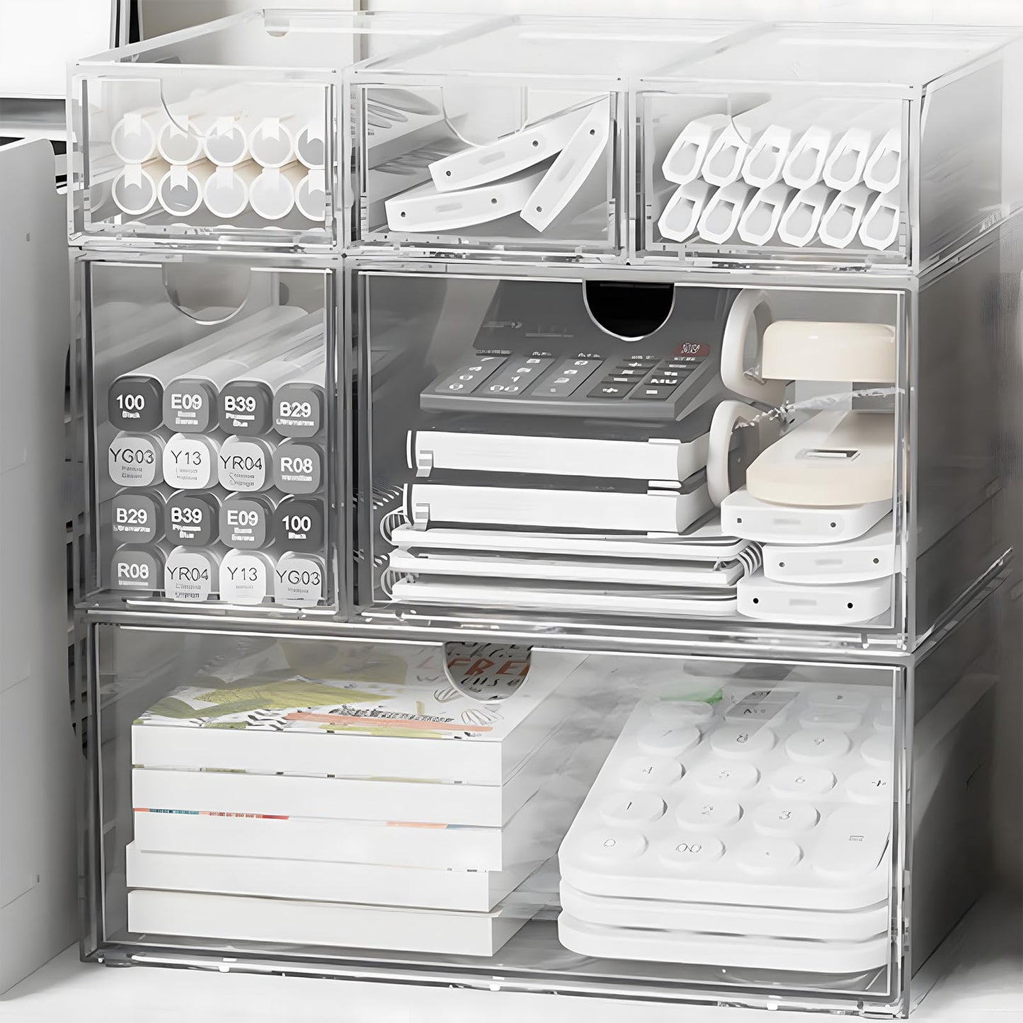 DoMyfit Desk Organizers, Makeup Organizer Storage, Desktop Office Supplies, Clear Desk Accessories, Dustproof Drawer Organizer and Storage for Make Up, Jewelry, Pen, Desktop Stationary (6 Drawers)