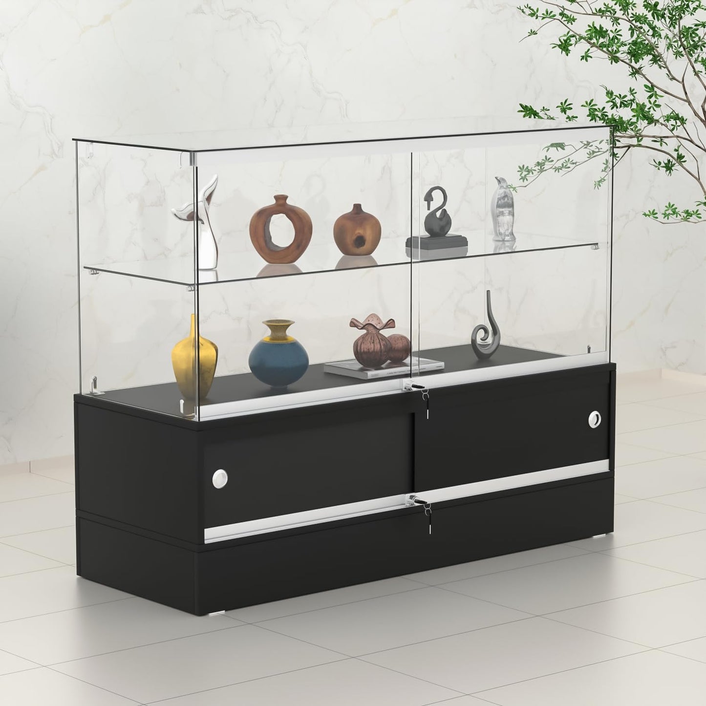 48" W x 17.9" D x 37.9" H - Black Full Vision Retail Display Case, Tempered Glass Display Cabinet with Glass Shelves and Storage Compartment,Storage Cabinets for Retail and Collectible Display