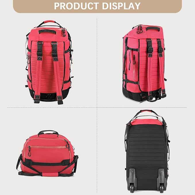 CONTAIL 86L Foldable Wheeled Duffel Backpack with Padded Quilted Bottom, Waterproof Collapsible Travel Duffle Bag with Extended Web Handles,No Telescope Handle,Red