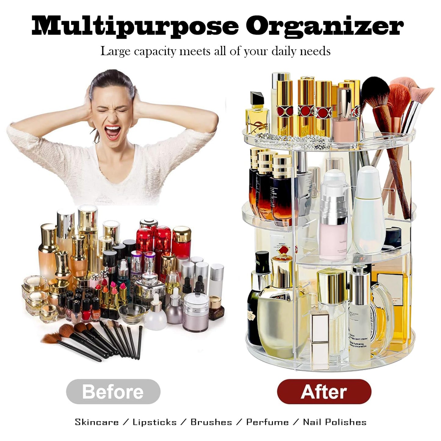 360 Rotating Makeup Organizer for Vanity Adjustable Cosmetic Display Case Large Capacity Skincare Organizers Perfume Organizer Spinning Holder for Countertop Vanity and Bathroom