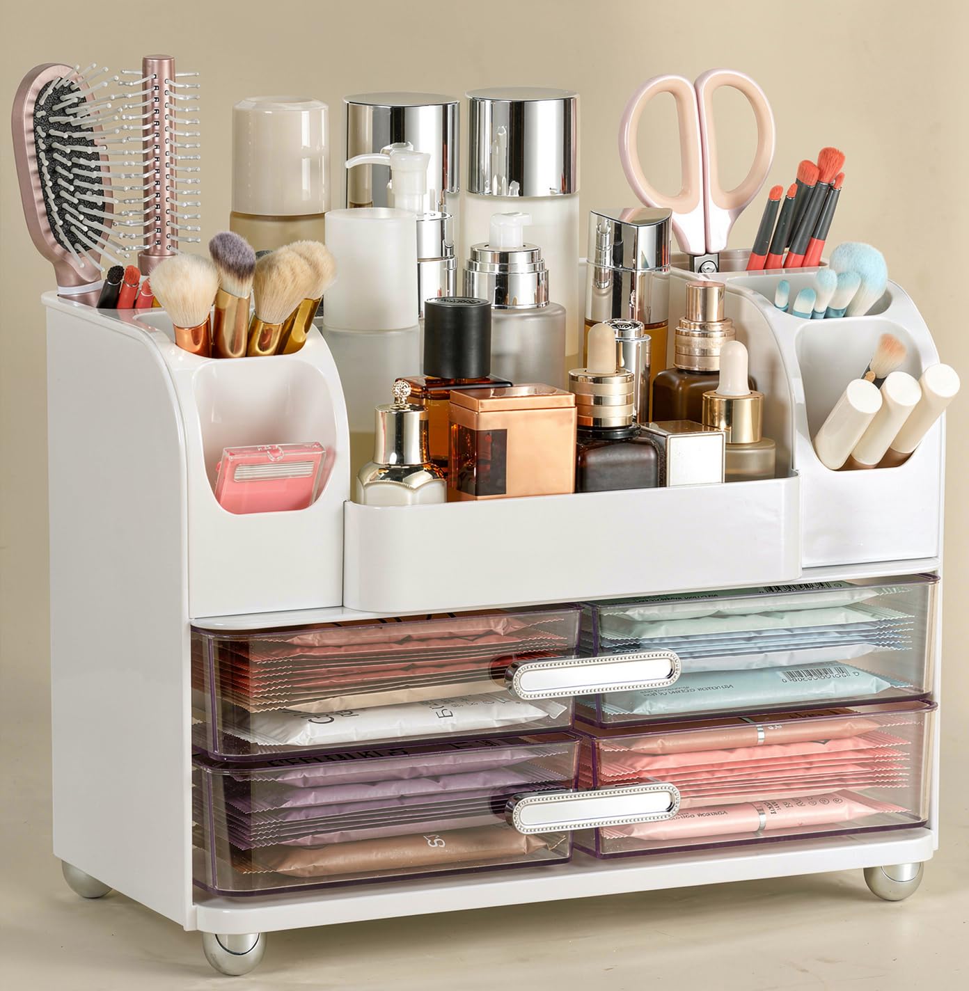 Dozesheep Large Makeup Organizer Countertop with Drawers, Make Up Organizer for Vanity, Makeup Storage Organizer Countertop Makeup Organizers for Skincare, White