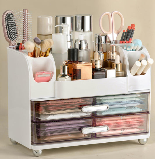 Dozesheep Large Makeup Organizer Countertop with Drawers, Make Up Organizer for Vanity, Makeup Storage Organizer Countertop Makeup Organizers for Skincare, White