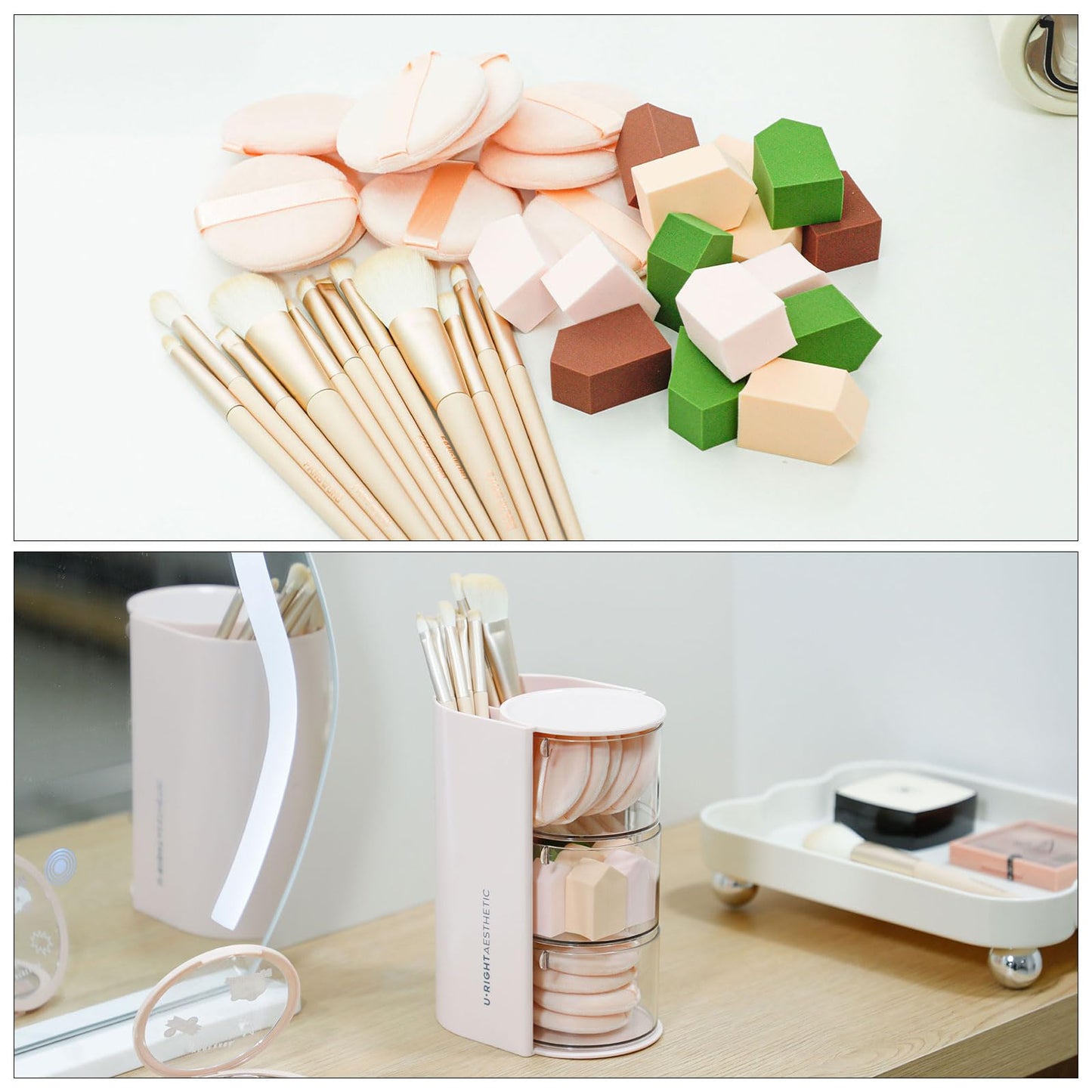 FABROK 3-Layer Hair Accessories Organizer with Brushes Holder, Rotating Small Jewelry Box for Hair Ties Clip Earring Necklaces, Bathroom Vanity Desktop Organizer Case for Cotton Swab(Pink)