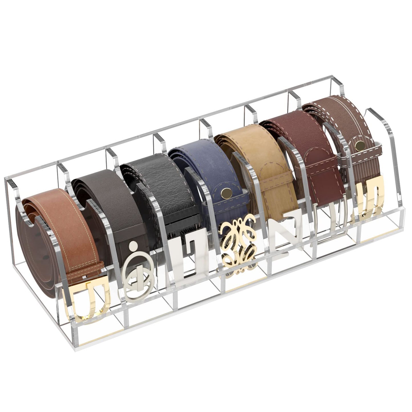 FEMELI Belt Organizer Acrylic Clear Case Storage Holder for Closet and Drawer, 7 Compartments Tie Box Container with Display Stand