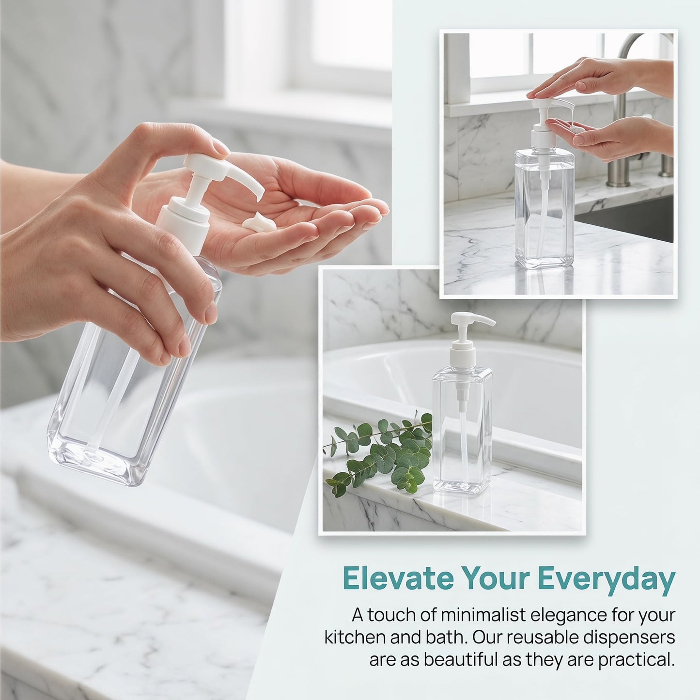 Okllen 12 Pack 16 Oz Plastic Pump Bottles, Empty Refillable Container Liquid Soap Dispenser for Shampoo, Lotion, Cleaning Products, Kitchen, Bathroom, Clear Square