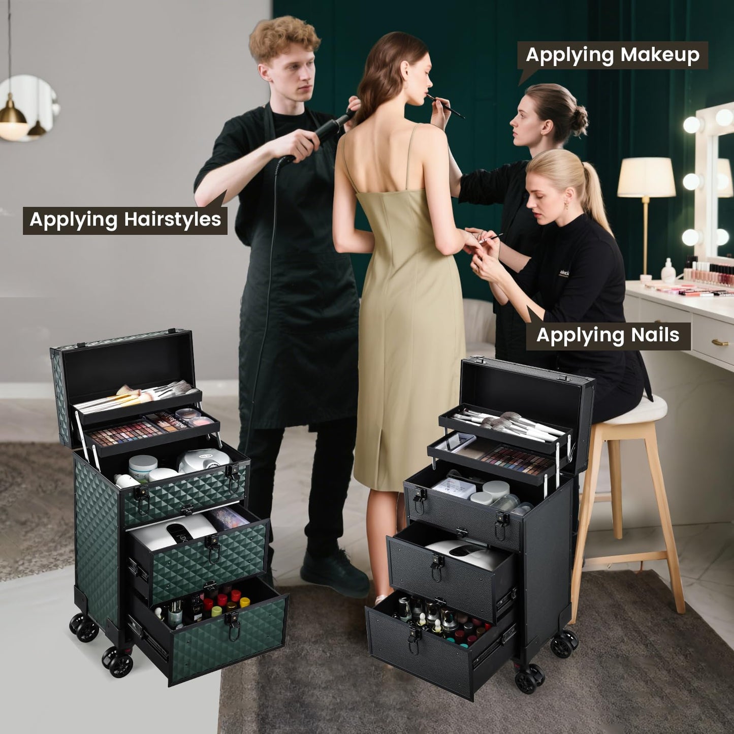 Yueieoun Rolling Makeup Train Case with Wheels 2 Large Drawers Nail Organizer Case Cosmetic Train Cases Traveling Cosmetology Case on Wheels Tattoo Carrying Case Makeup Carts Dark Green