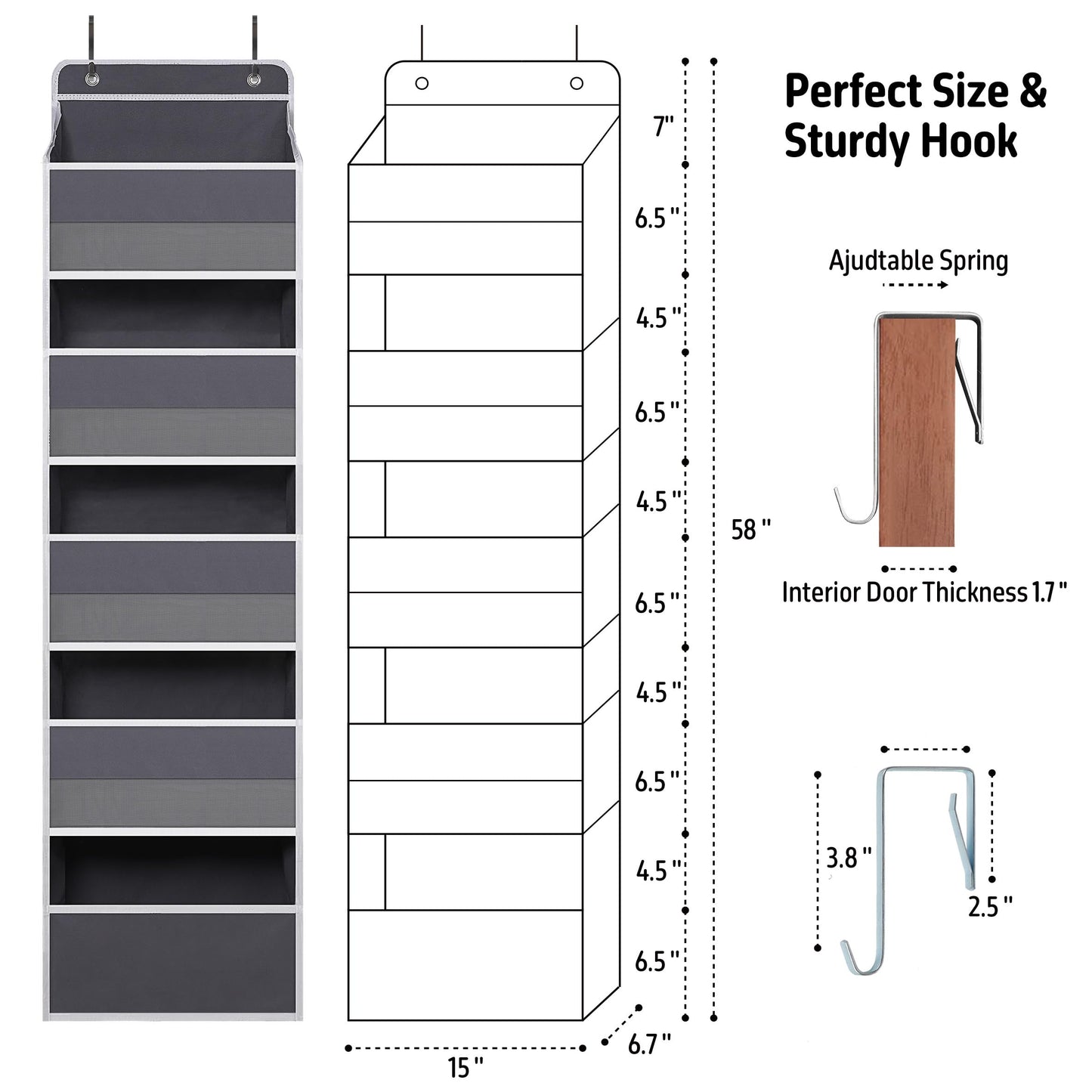 TYMENSH Gray Over Door Organizer with 5 Large Clear Pockets and 6 Side Mesh Pockets, Anti-Tilt Hanging Door Storage for Closet, Bathroom, Bedroom, Dorm, Nursery, Toys