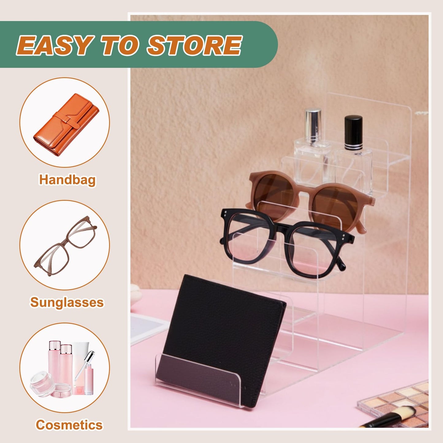 Kathfly 2 Pack 7-Tier Acrylic Wallet Display Stand Clear Purse & Handbag Organizer Riser Shelf for Perfume, Sunglasses, Cosmetics, Jewelry Vendor Display for Craft Fairs, Retail