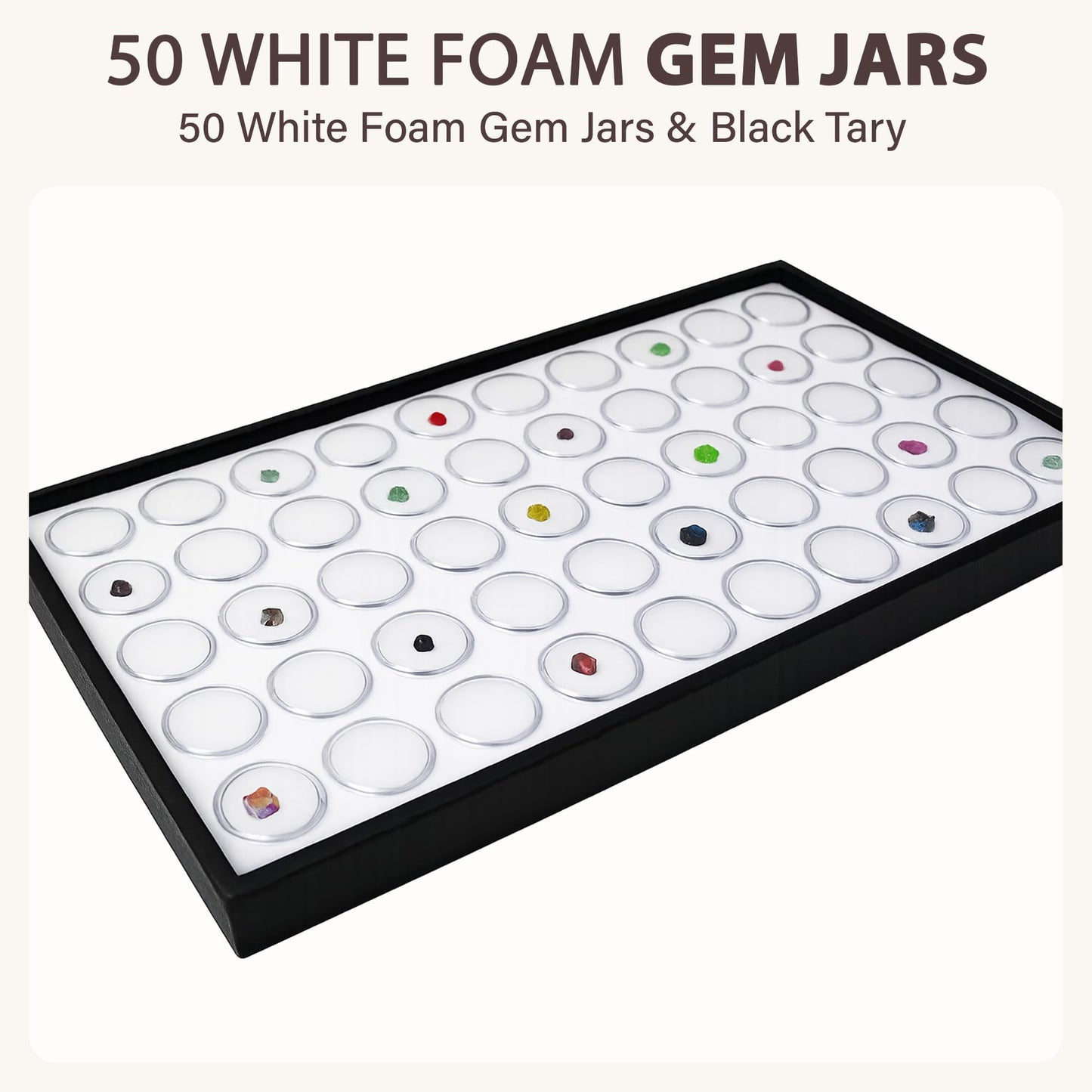 RJ Displays 50 White Foam Gem Jars with Tray, Gemstone Display Case with Lids for Gems, Coins, Gem Storage Organizer, Gem Holder, Charm Box, Gem Display Case, Gemstone Storage, 14.5" x 7.8" x 0.75"