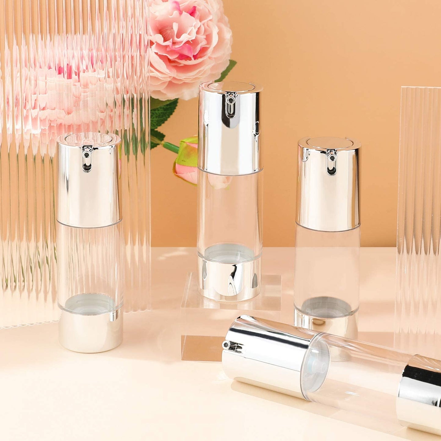 longway Silver Airless Cosmetic Cream Pump Bottle Travel Size Dispenser Refillable Containers（1oz/30ml,pack of 6