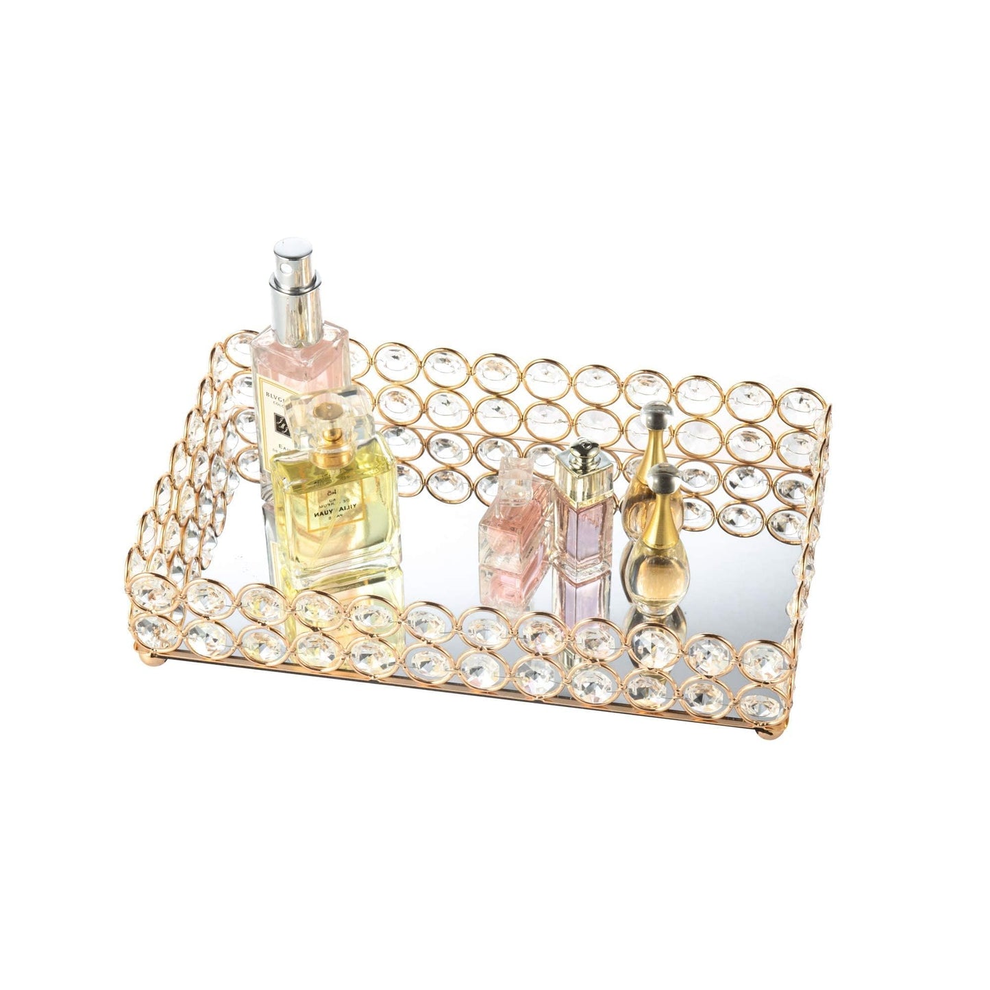 Feyarl 10 Inch Crystal Cosmetic Perfume Tray Vanity Makeup Jewelry Trinket Organizer Mirrored Decorative Tray Storage for Coffee Table Home Deco Wedding Dresser Birthday Gift (Gold)