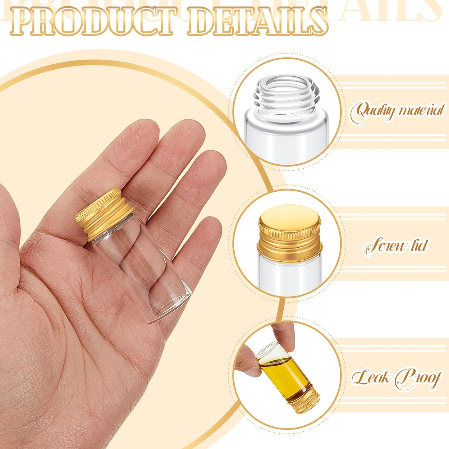 Didaey 100 Pcs Small Clear Vials Spice Mini Jars with Lids Mini Glass Bottles with Screw Aluminum Metal Caps Tiny Jars Sample Containers for Powder Cream Cosmetic Jewelry Wedding (10 ml,Gold Caps)