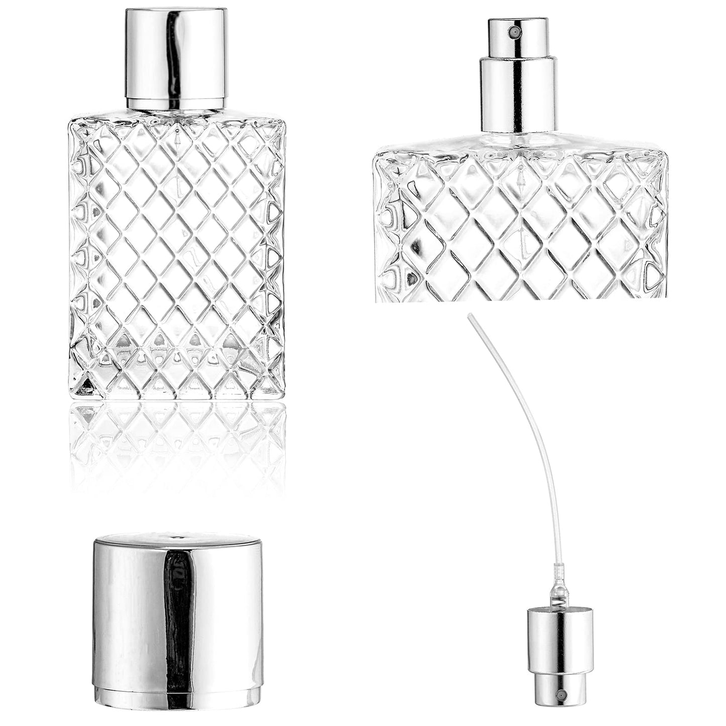 Lawei 6 Pack Refillable Spray Bottles Perfume Atomizer, 100ML 3.4oz Glass Empty Fine Mist Spray Bottle, Clear Portable Square Fragrance Dispenser Bottle with Sprayer for Travel, Silver