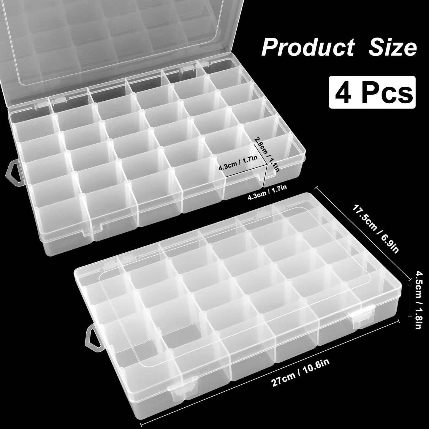 Sopoloray 4 Pack 36 Grid Bead Organizer Box with Removable Dividers, Clear Plastic Organizer Box, Craft Storage Containers for Beads, Jewelry, Fishing Tackle, Thread, Screws, DIY Small Parts