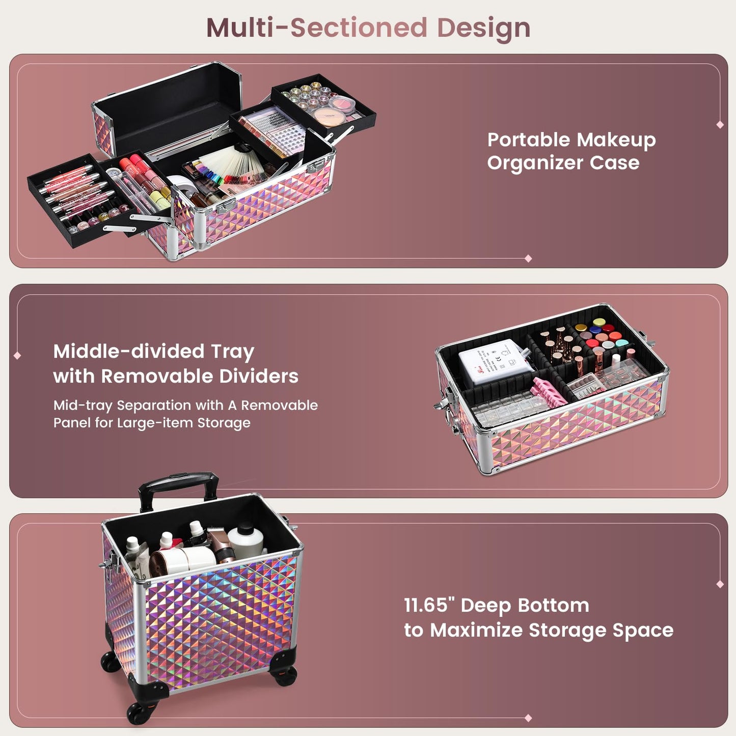 FRENESSA 3 in 1 Rolling Makeup Train Case Cosmetology Case on Wheels Pink
