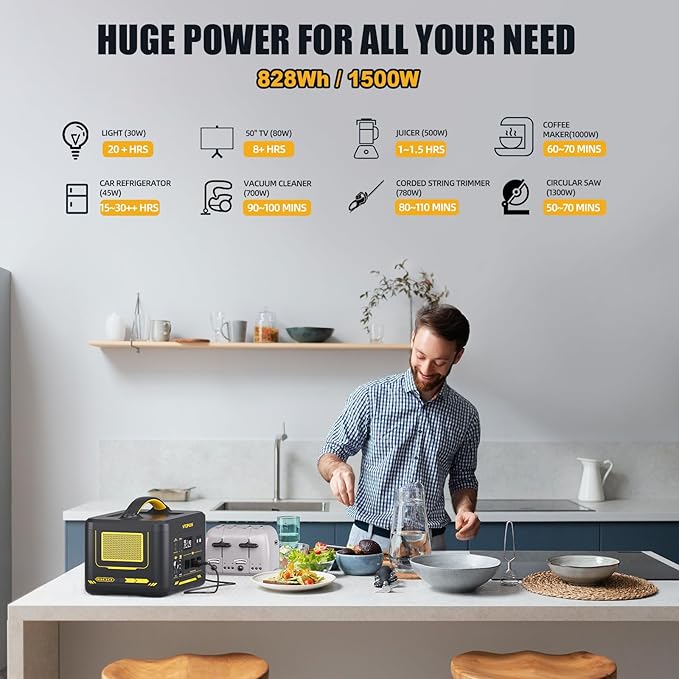 VTOMAN Jump1500X Portable Power Station, 828Wh LiFePO4 Battery Solar Generator with Jump Start, 1500W AC Outlet, 100W PD Type-C, Large Capacity Expandable to 2376Wh for Camping, RV Travel, Home Backup