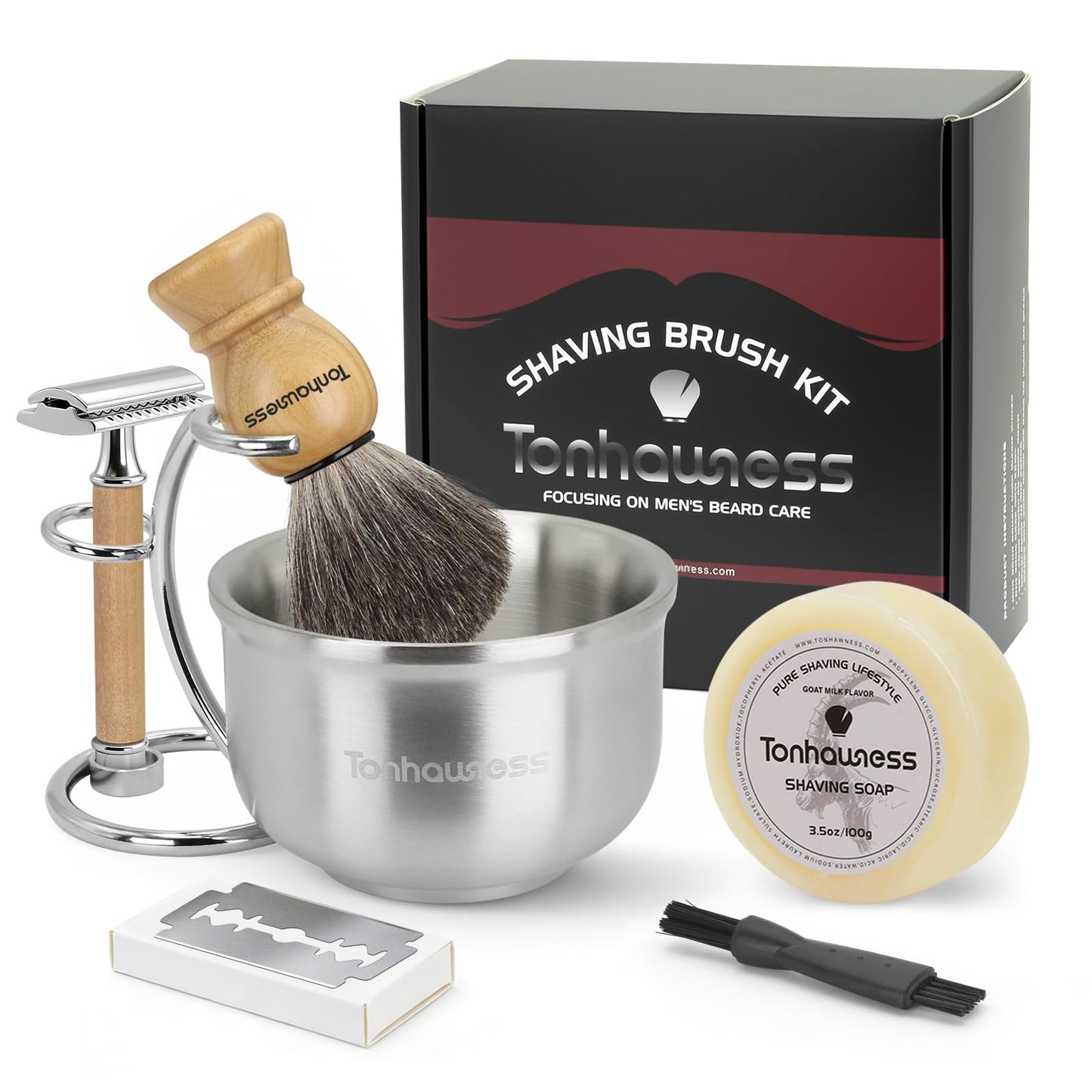 Shaving Brushes Set For Men, 5 In 1 Shaving Brush Kit Includes Badger Hair Shave Brush, Safety Men's Razor, Stainless Steel Shaving Bowl, Shaving Stand and Soap (Wood Handle With Razor)