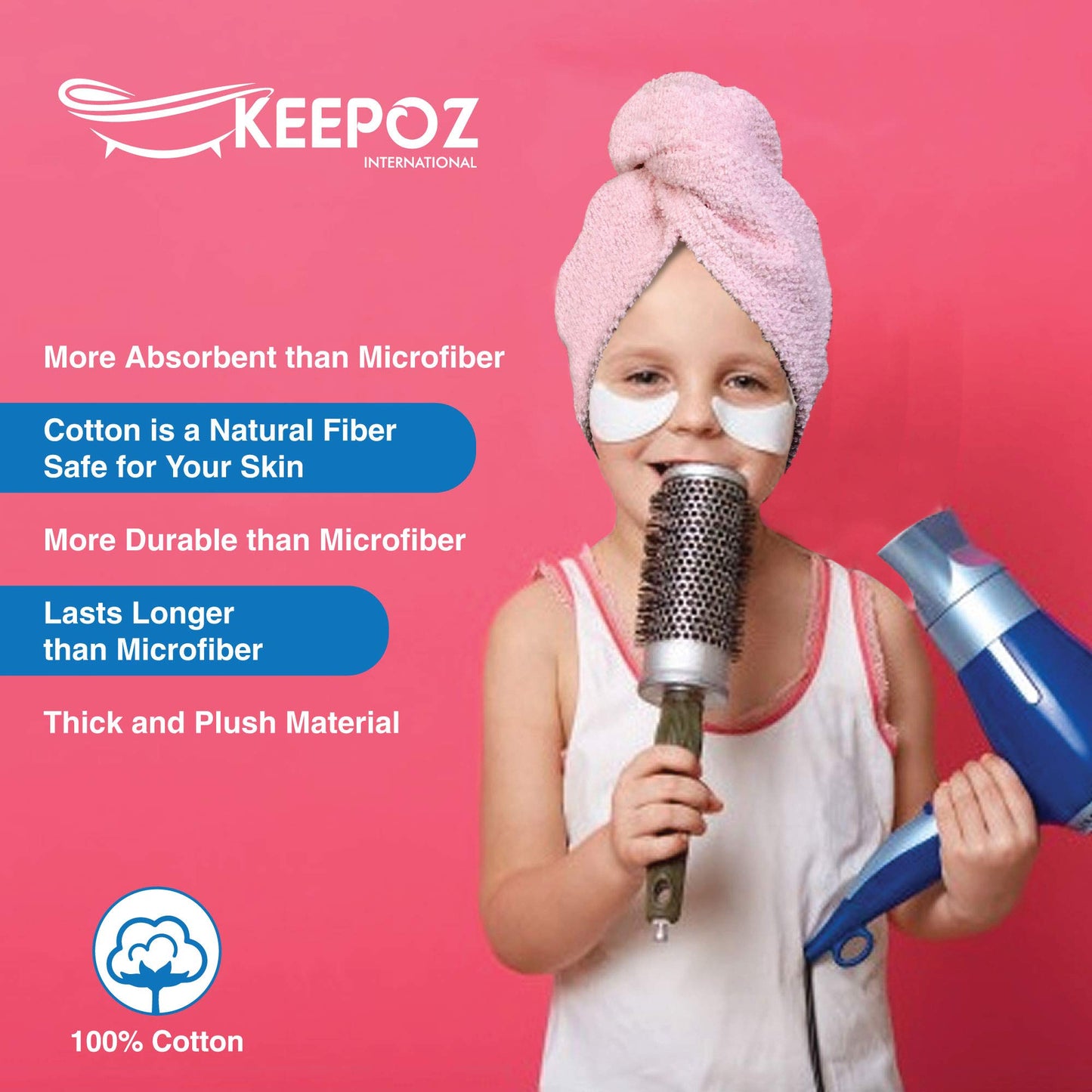 KEEPOZ Hair Towel Wrap Quick Dry 100% Cotton Super Absorbent Turban Head Wrap for Women with Button, Non Microfiber Anti Frizz Products, Hair Cap for Curly, Long (Lilac Pink Check, 2 Pcs)