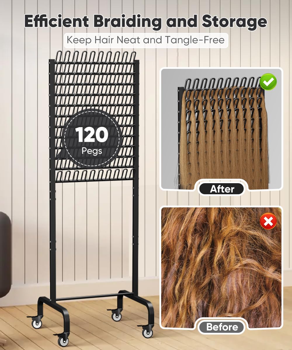 Tigerden 120 Pegs Braiding Hair Rack, Adjustable Hair Separator Stand with Wheels, Hair Extension Holder for Hair Stylists, Braiders, Home, Salon, Beauty School, Black