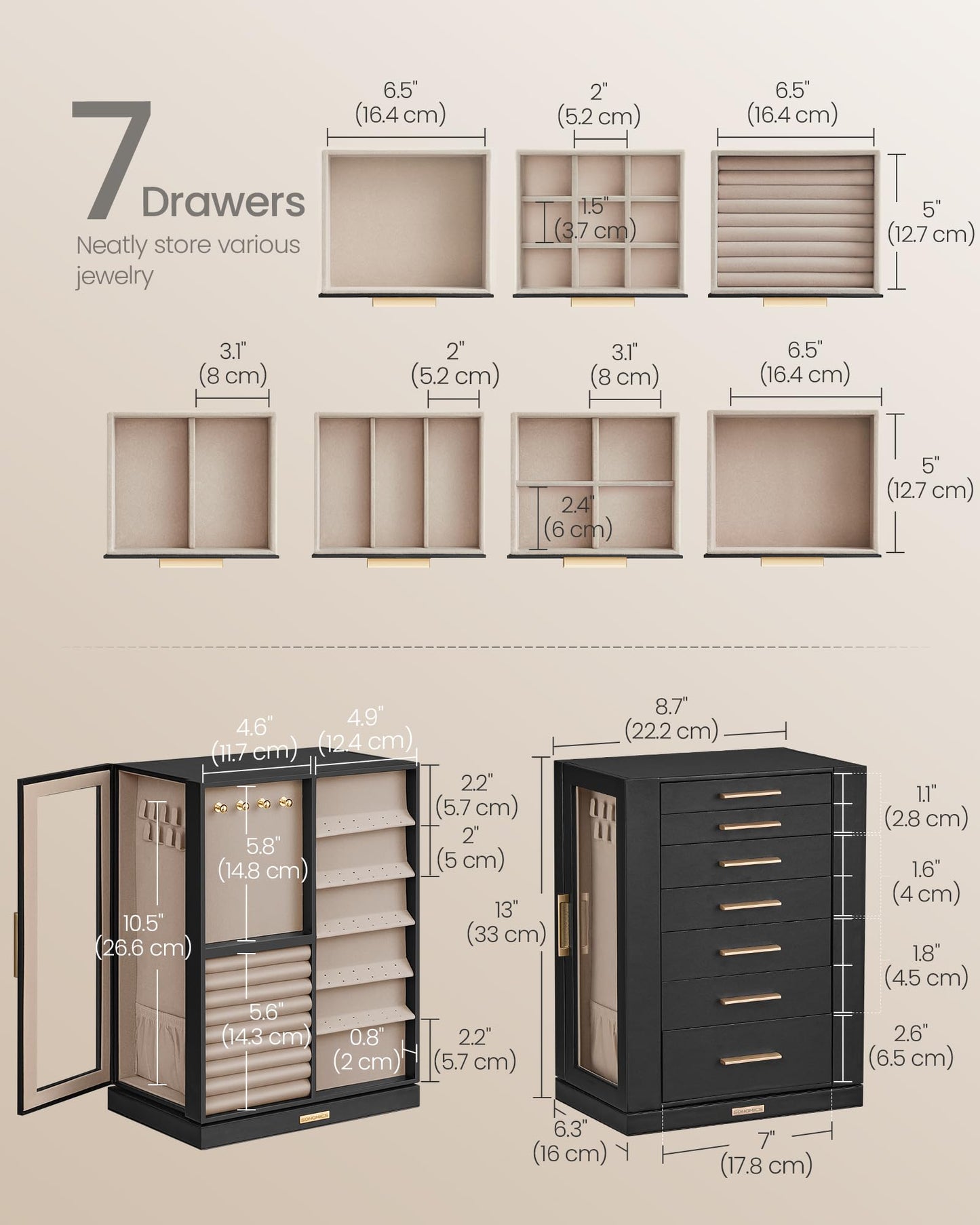 SONGMICS GISELLA Collection - Jewelry Box 360° Rotating, Jewelry Storage Case with 7 Drawers, Jewelry Organizer, Glass Window, Open Design, Great Gift, Ink Black UJBC201B01