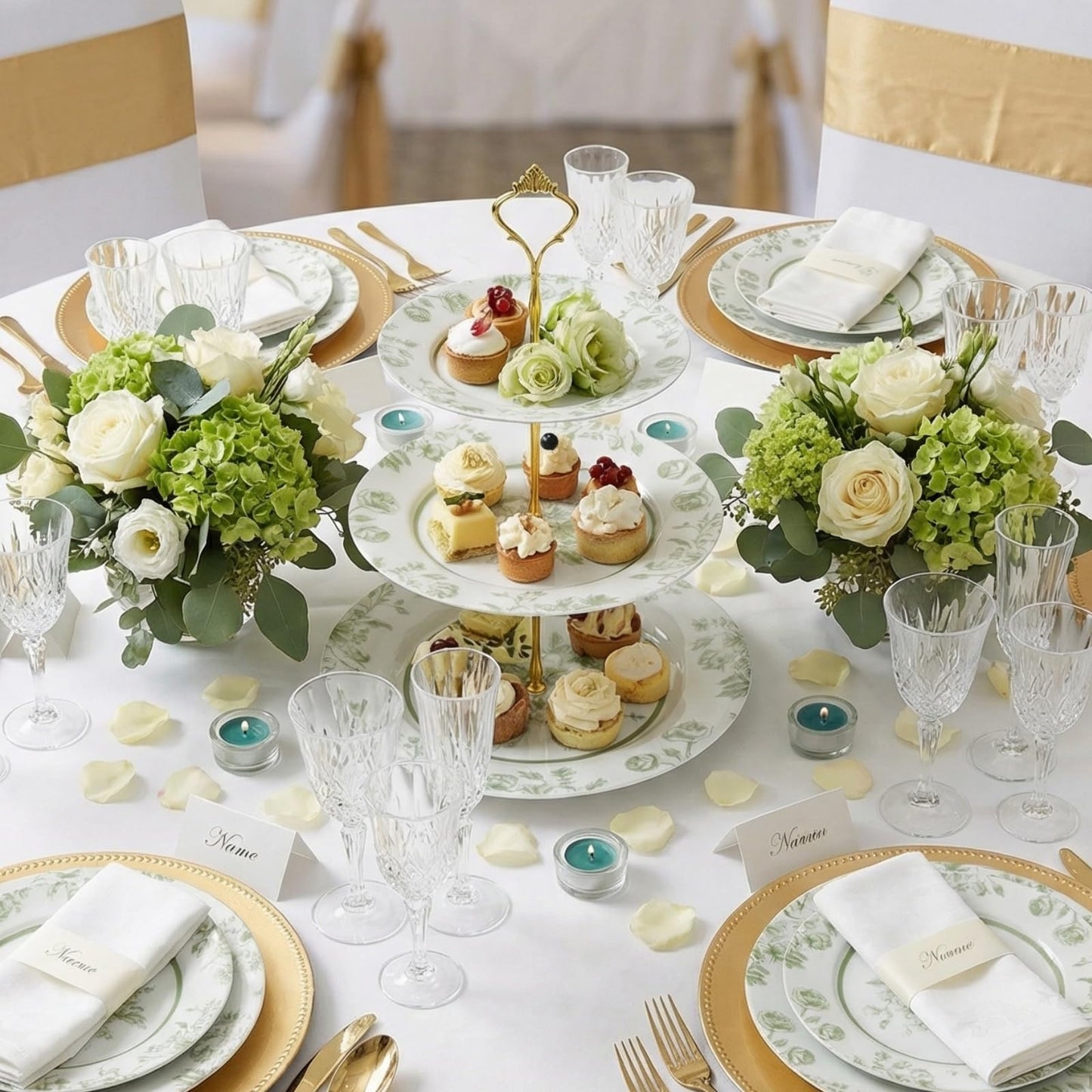 Lallisa Sage Green Floral 3 Tier Dessert Stand 10", 9" and 7" Ceramic Vintage Chinoiserie Tea Party Tiered Tray Cupcake Stand Display Holder Tower for Wedding Baby Shower Bridal Shower Tea Party