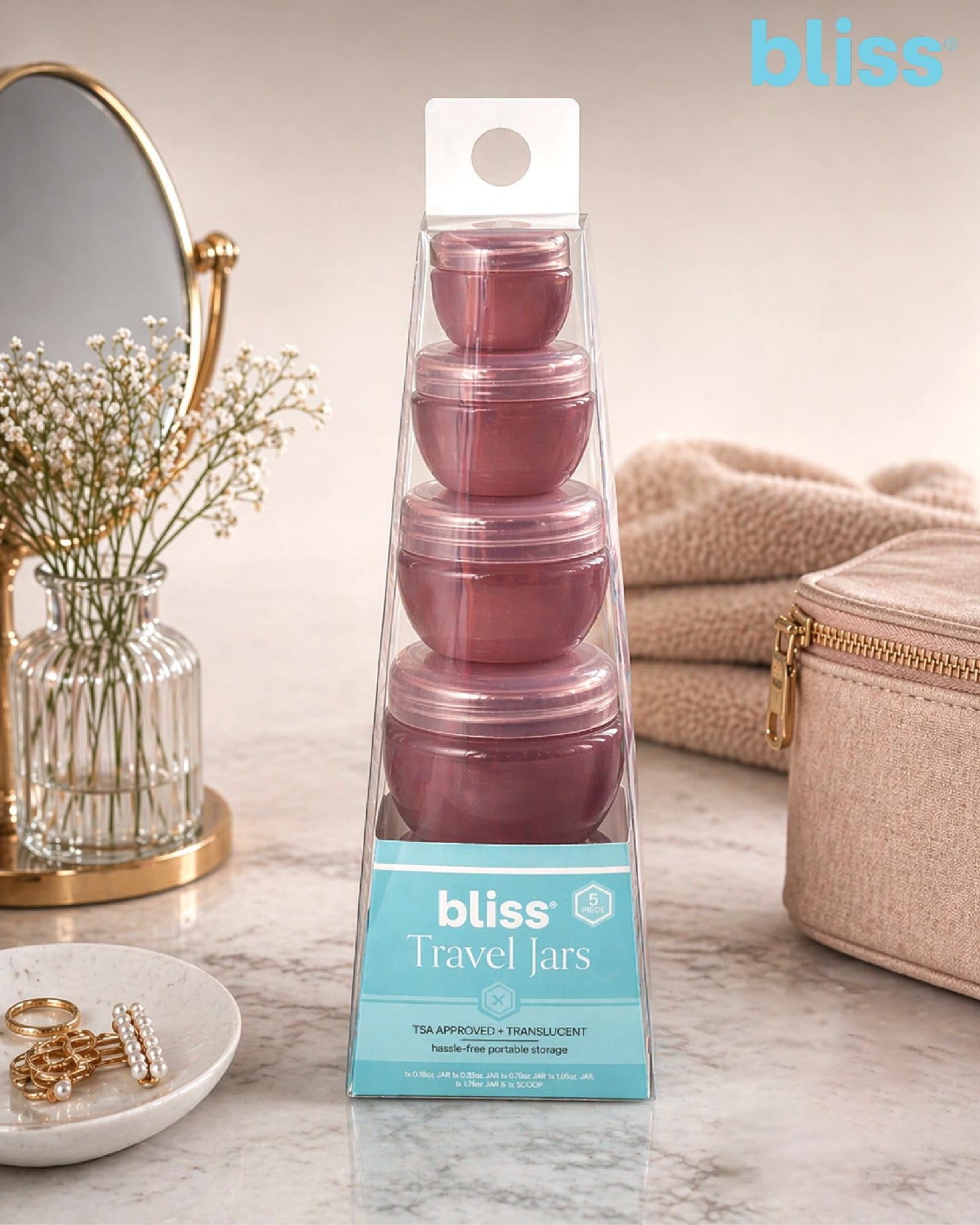 Bliss Travel Containers - 5 Pack Leak Proof Tapered Jar Set with Lid and Spatula - Small Travel Size Containers for Creams Lotions Skincare, Size Onesize, Pink Gaze