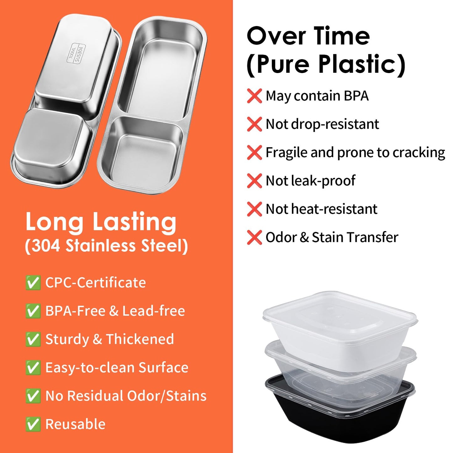 IANFAN 3 Pack Stainless Steel Snack Containers with Lids, Reusable 2 Compartments Snack Bento Box for Adults, Leak Proof Divided Snack Food Storage Containers for Home, Work, Travel, Grab and Go