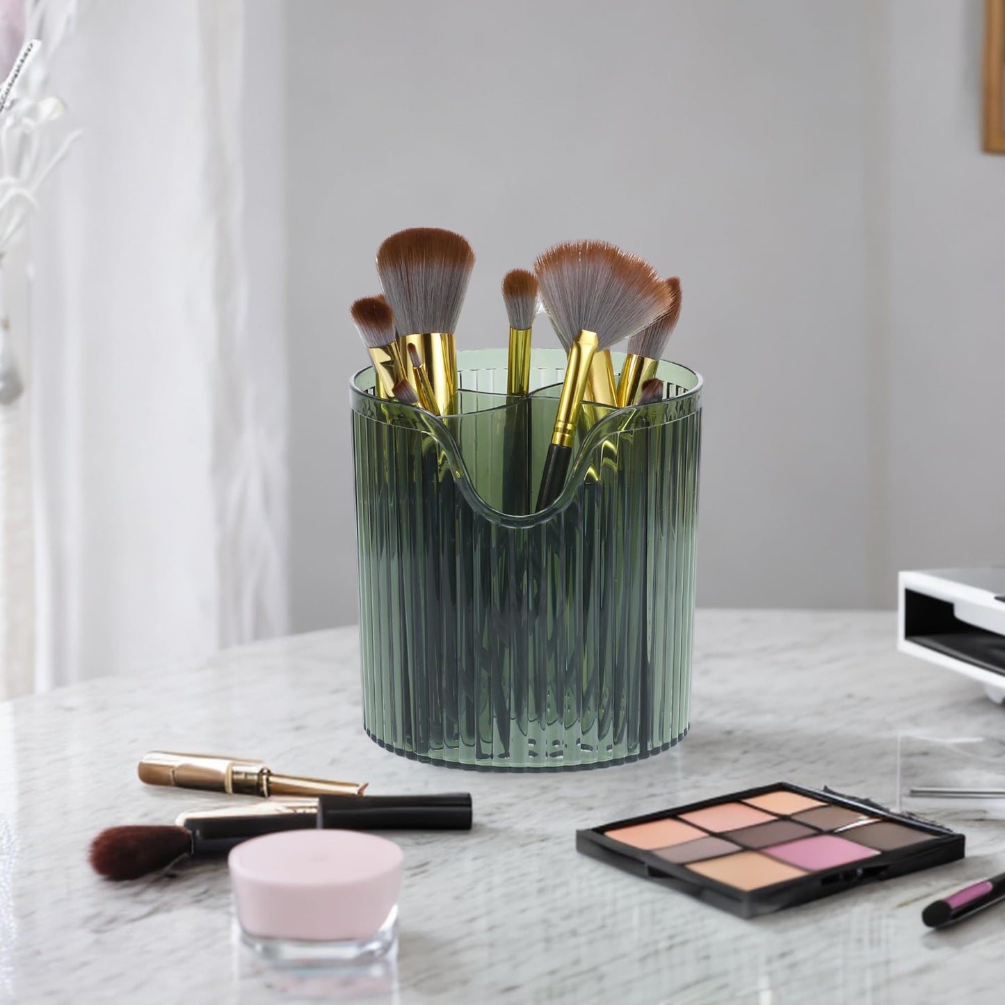 VOCOSTE Makeup Brush Cup, Makeup Organizer, 4 Slot Makeup Brush Holder, Cosmetics Storage Cup, for Vanity for Desktop, for Bathroom Countertops, Clear Green