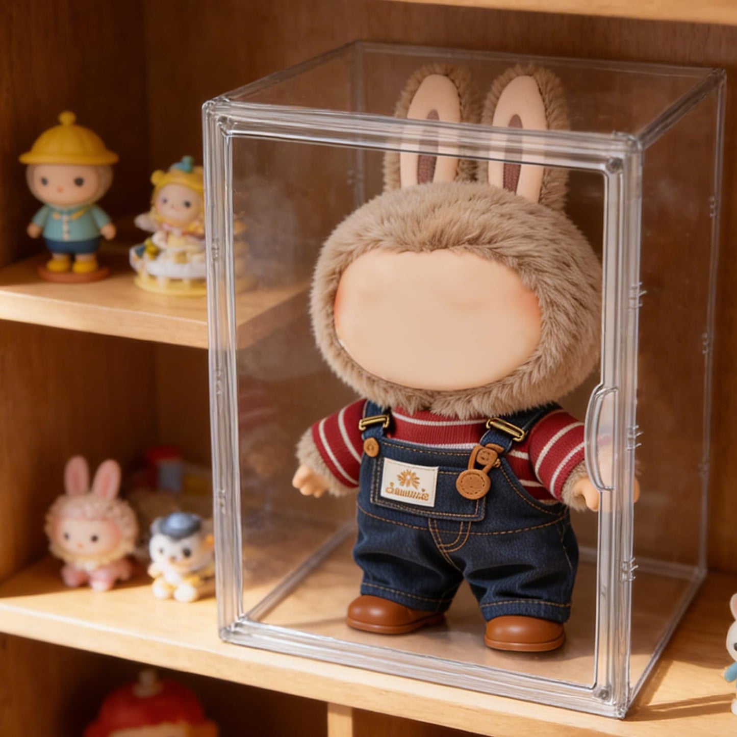 Display Case Compatible with Labubu 16 inches Height POP MART Doll, Acrylic Clear Dustproof Shelf Box with Magnetic Door, Stackable Storage Cabinet for Plush Dolls Showcase Fall in Wild