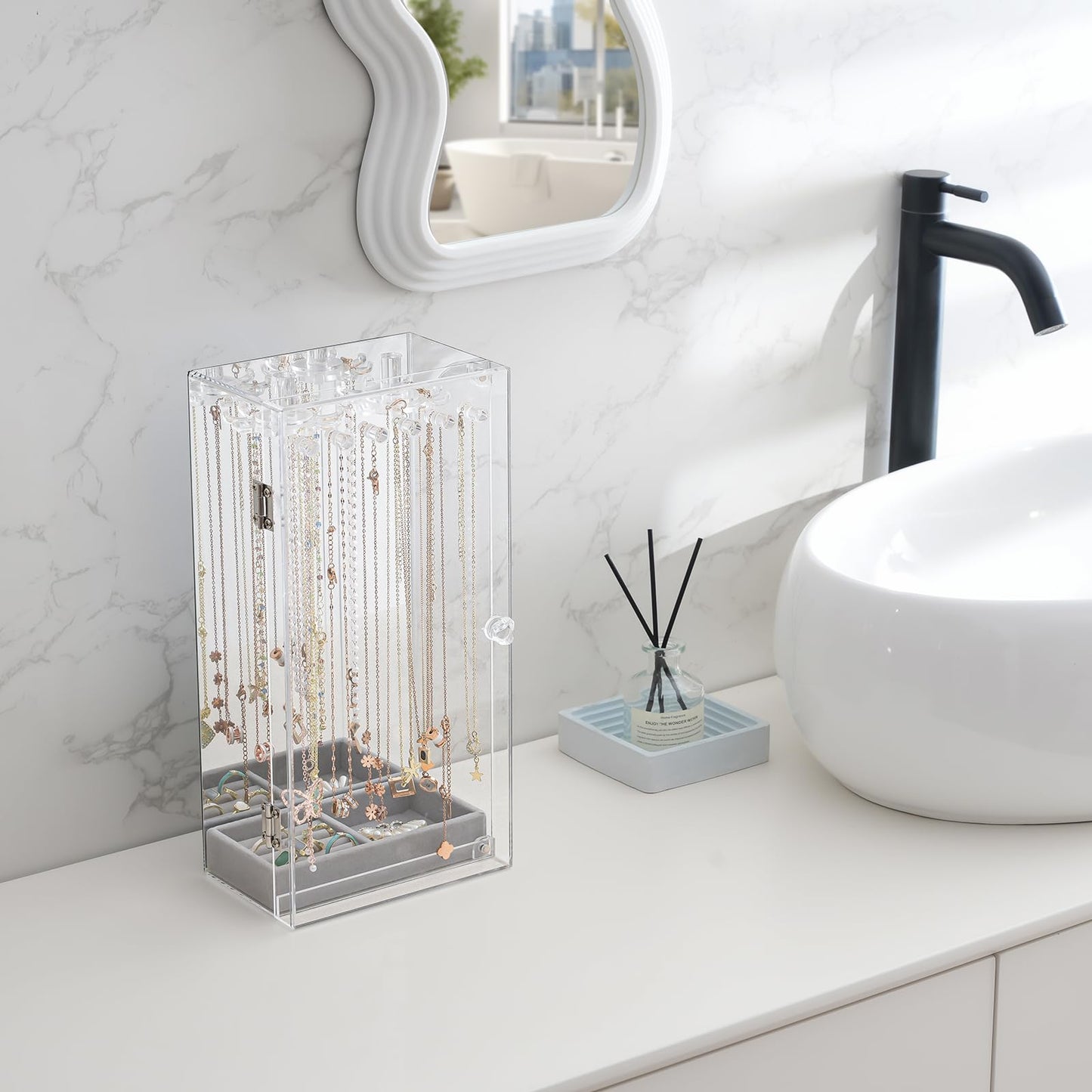 Lolalet Necklace Holder Organizer, Acrylic Jewelry Organizer with 24 Hooks, Rotating Clear Necklaces Display Box with Built-in Mirror, Dust-proof Jewelry Storage Case with Velvet Tray -Clearmirror