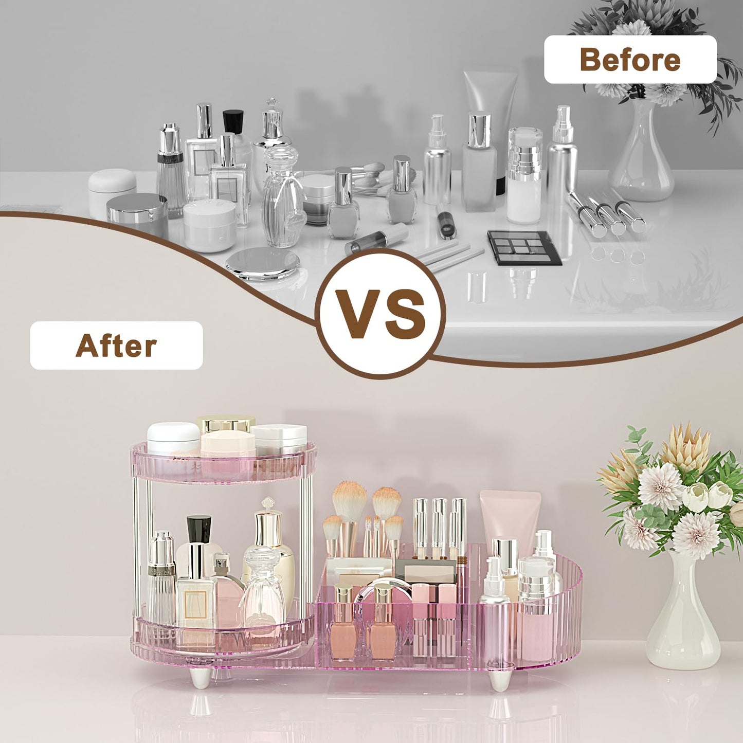360 Rotating Vanity Makeup Organizer, 2 Small Trays & 5 Compartments for Cosmetics, Skincare, Perfume, Lipstick & Make up Brushes Holder, Dresser Countertop Organizers and Storage for Bathroom, Desk