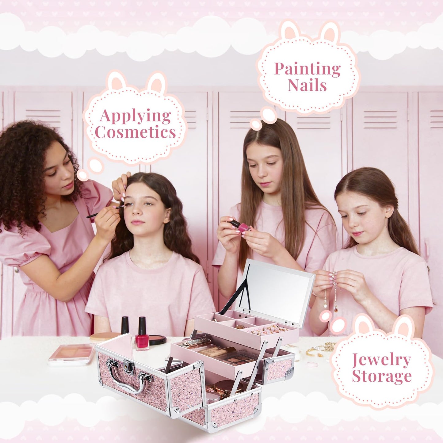 FRENESSA Makeup Case Organizer Portable Makeup Train Case Cosmetic Box with Mirror Jewerly Tray for Girls Nail Supplies Make Up Cases Organizers and Storage Kids Craft Case Pink