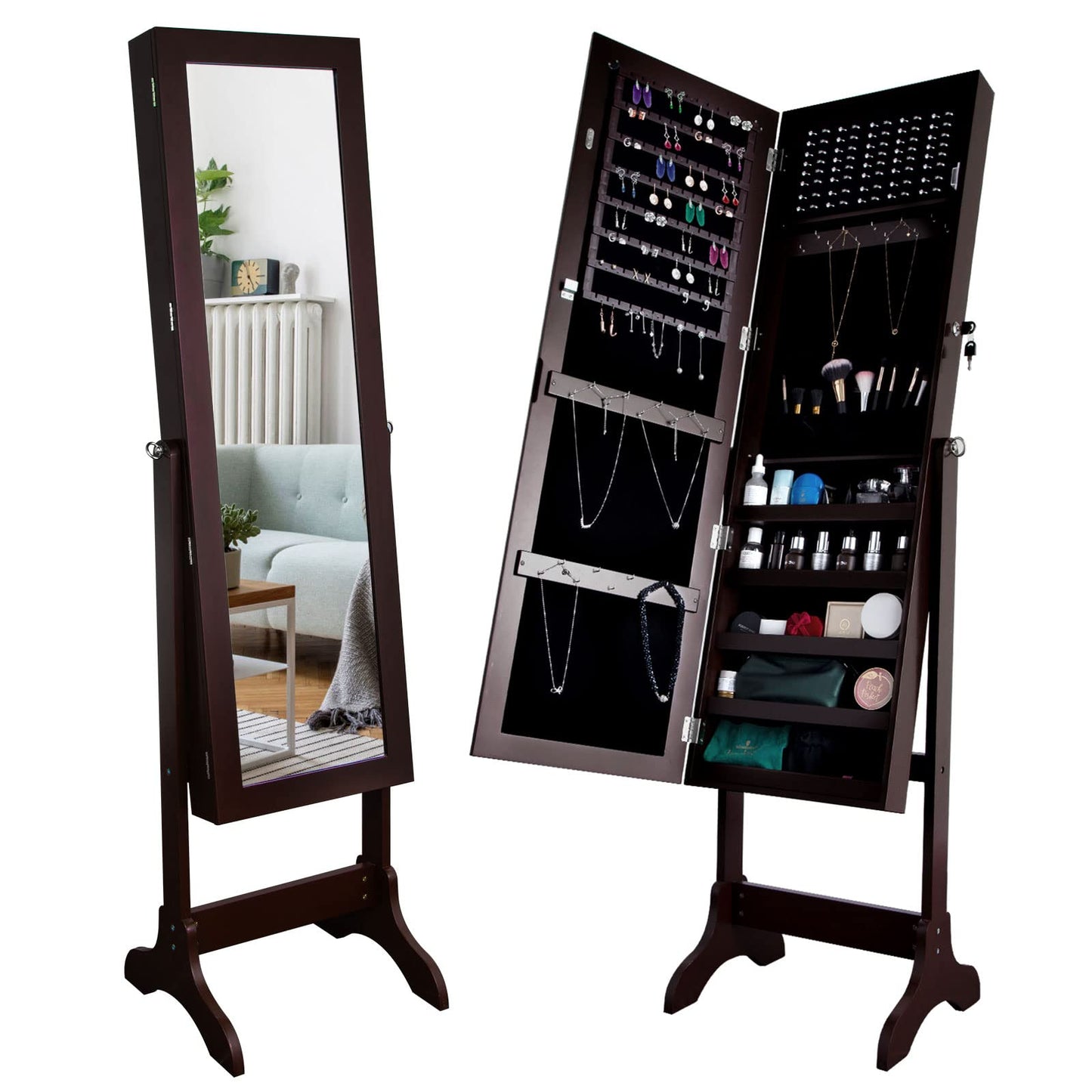 Uten Jewelry Armoire with Mirror, Lockable Large Jewelry Cabinet with Standing Mirror Jewelry Holder Organizer Storage, 4 Angle Adjustable, Perfect Christmas Gift (Brown)