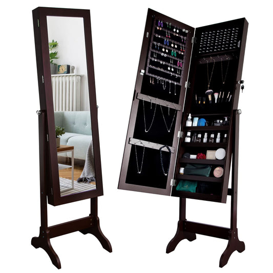 Uten Jewelry Armoire with Mirror, Lockable Large Jewelry Cabinet with Standing Mirror Jewelry Holder Organizer Storage, 4 Angle Adjustable, Perfect Christmas Gift (Brown)
