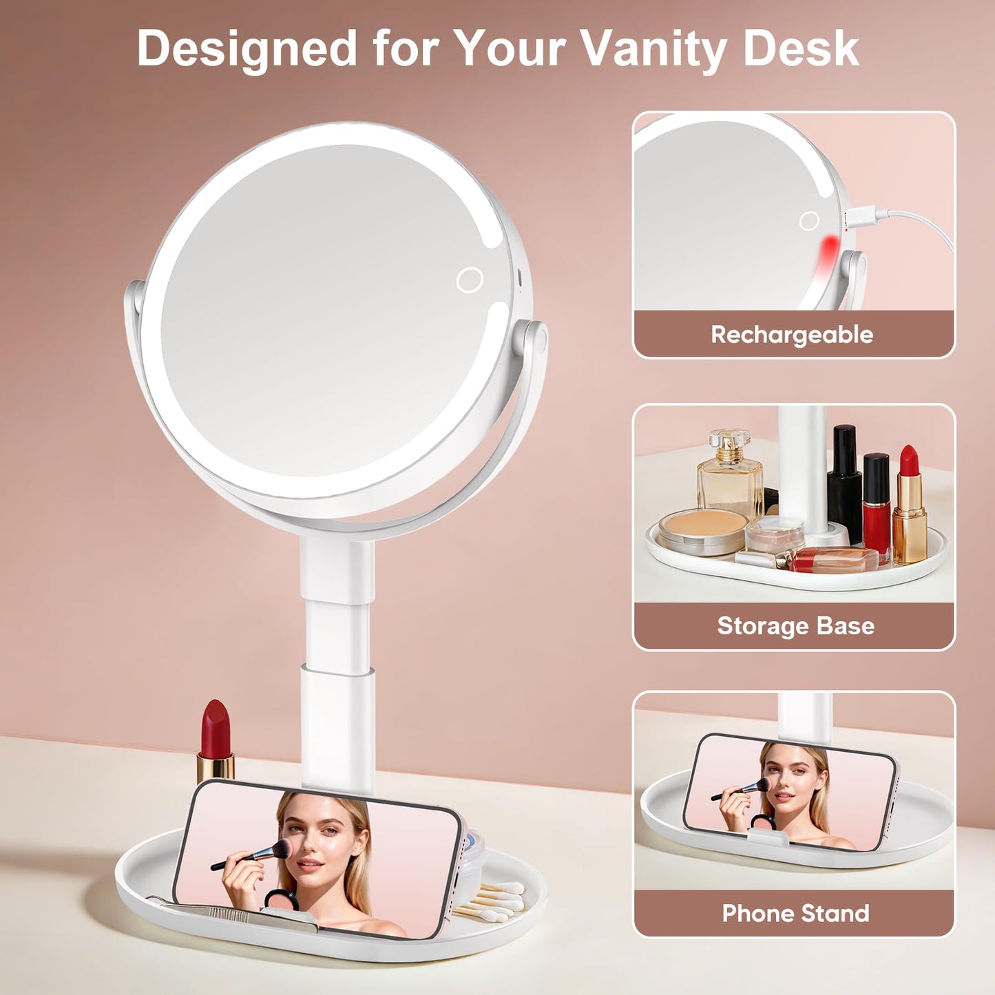 GONOBLE Lighted Makeup Mirror with 10X Magnification, Rechargeable LED Magnifying Vanity Mirror with 3 Lights, Adjustable Height, Storage Base and Phone Holder, White, 7 inch