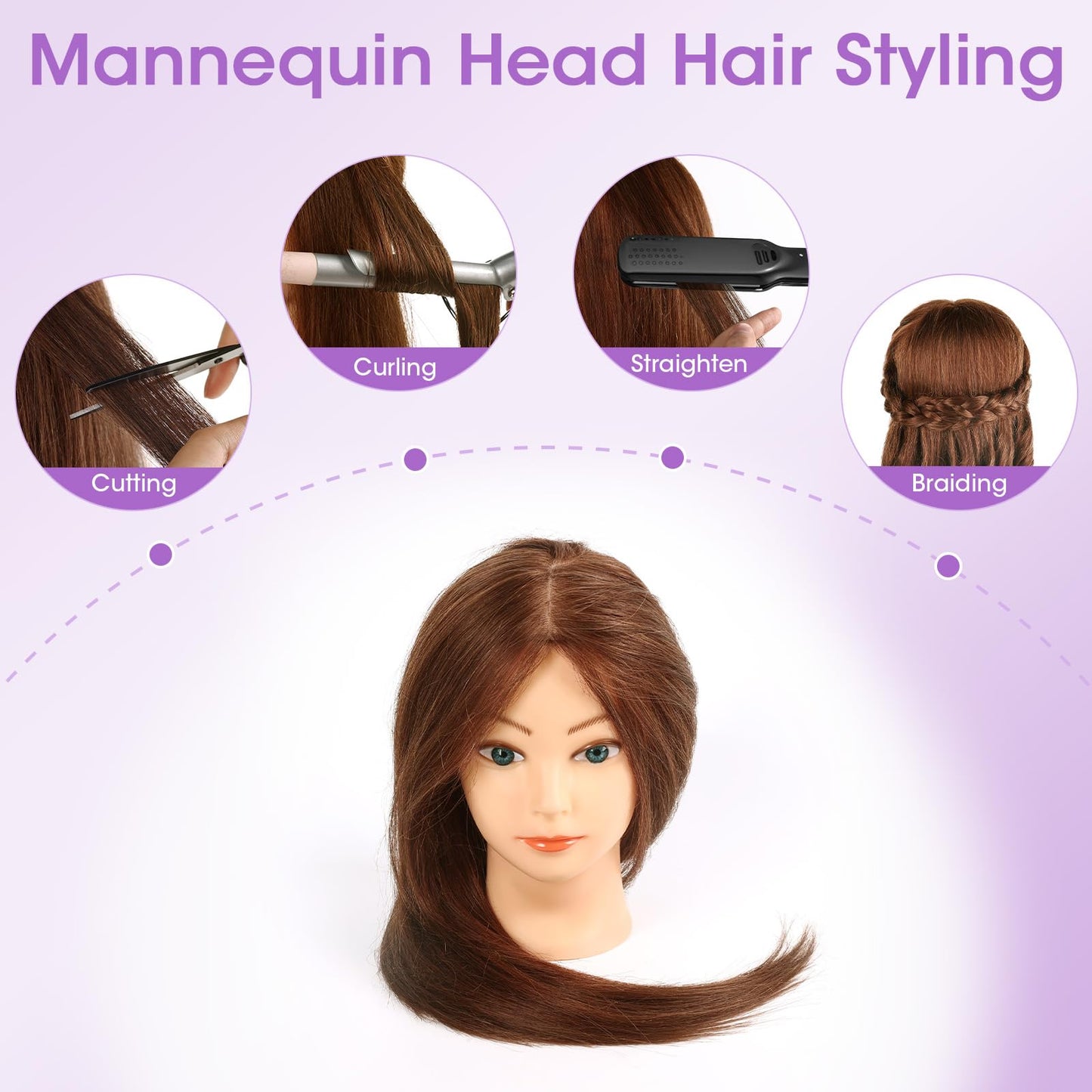 Mannequin Head with 100% Human Hair,22'' Real Hair Cosmetology Mannequin Manikin Head Hair Styling Hairdressing Practice Training Doll Head with Clamp Holder and Tools (Dark Brown Blue Eyes)