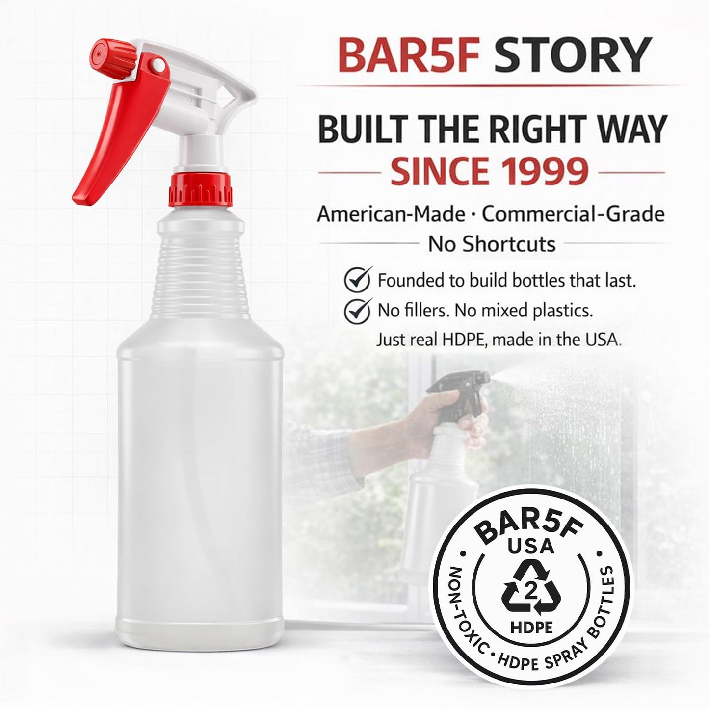Bar5F Commercial Spray Bottles with Adjustable Trigger, Chemical Resistant HDPE, BPA-Free (2-Pack / 24 oz/Red)