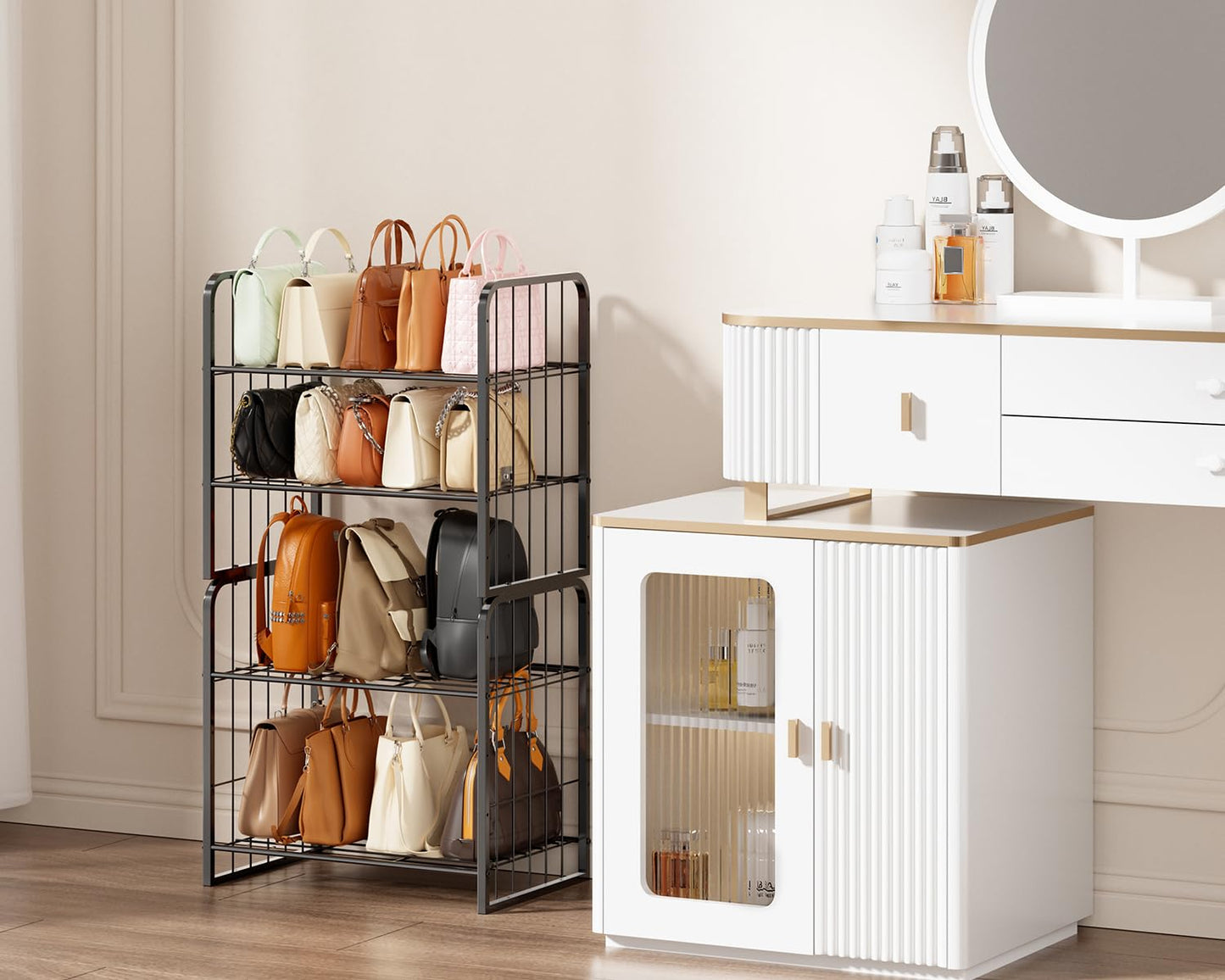 HapiRm Adjustable Purse Organizer for Closet - Purse Rack with Stackable & Separable Design, Large Capacity 4 Tier Handbag Organizer for Various of bags, Space-Saving bag rack for Home