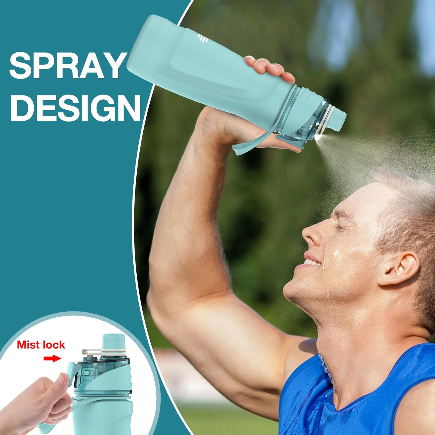 CUPYUOOU Misting Water Bottle, 24oz Insulated Water Bottle, 2-in-1 Mist & Sip Stainless Steel Water Bottles, Sports Water Bottle for Hiking, Running, Gym (Teal Blue)