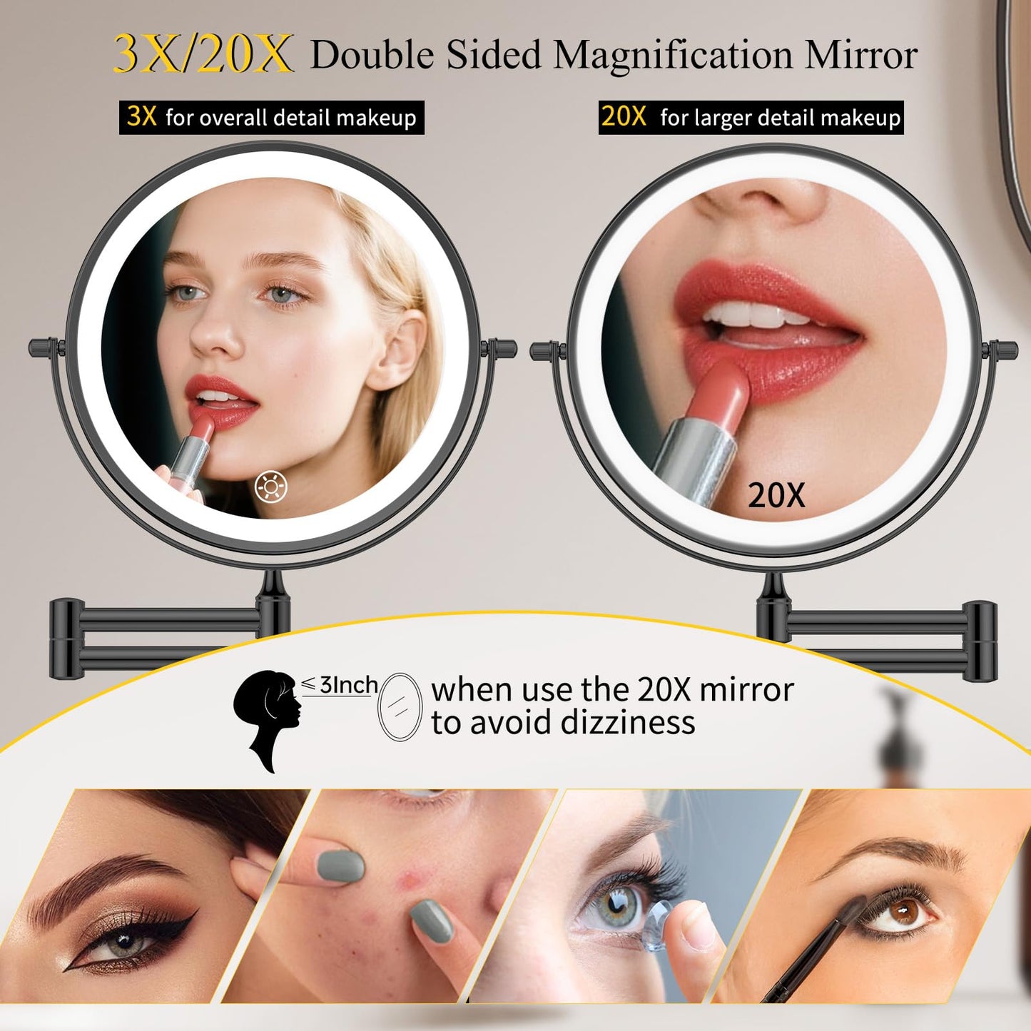 FUNTOUCH 20X/3X Rechargeable Wall Mounted Makeup Vanity Mirror with Lights, Double Sided Magnifying Wall Mount Mirror,3 Color Lighting, Touch Screen Dimming,Extension Arm 360 Rotation Wall Mirrors