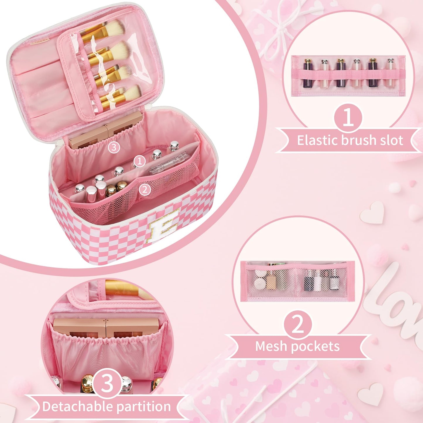 OCHEAL Makeup Bag for Women, Monogram Cosmetic Bag Pink Travel Makeup Case Beauty Toiletry Bag Organizer Personalized Gifts for Girls Bridesmaid, Sister, Wife, Friends Initial E