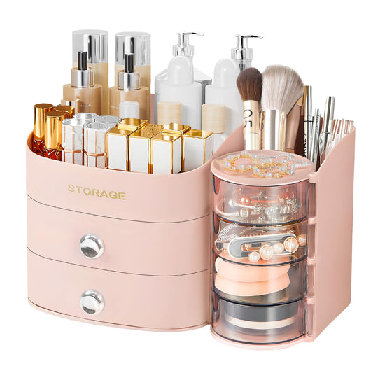 XIAPIA Makeup Organizer Countertop, Make Up Organizer for Vanity, Skincare & Cosmetic Organizers with Drawers, Bathroom Organizers Storage for Brush Holder|Lipstick|Jewelry, Ideal Gift for Women PINK